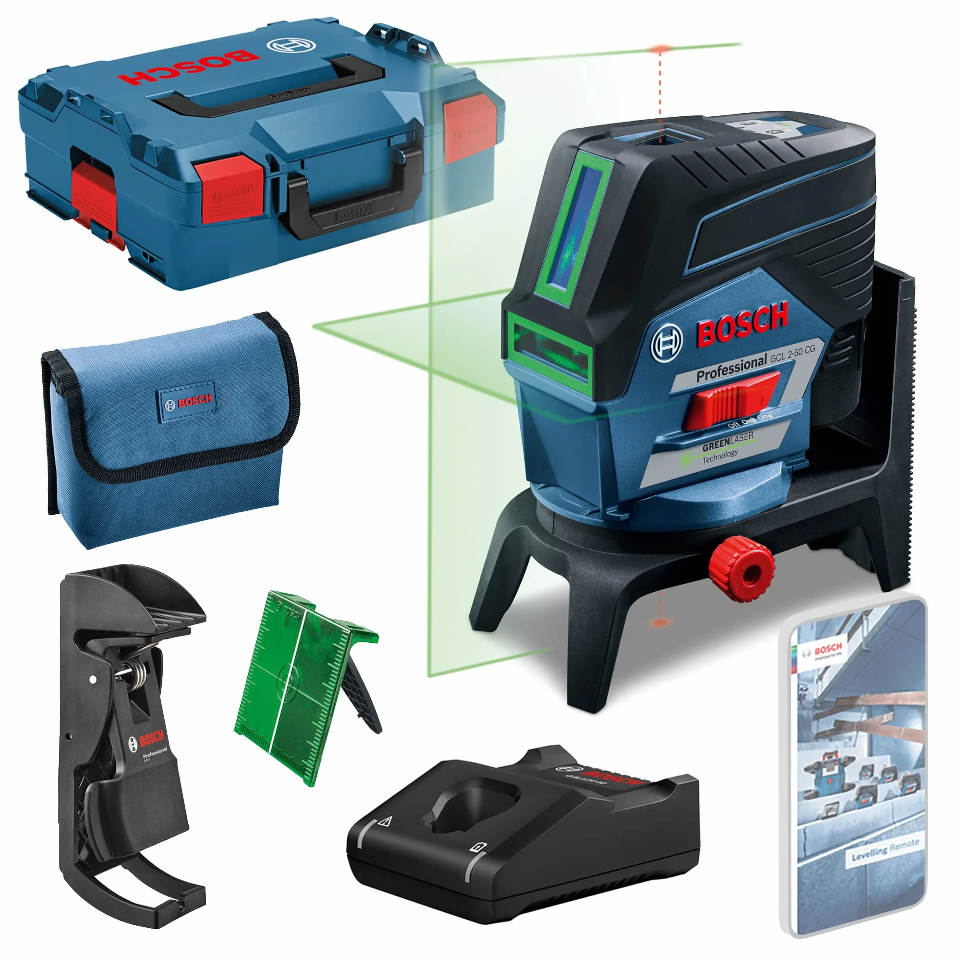 Bosch Professional Niveau Laser GCL 2-50 CG (batterie 12 V + chargeur, laser vert, pour l'intérieur, avec fonction application, support, portée visible : jusqu’à 20 m, dans une L-BOXX)