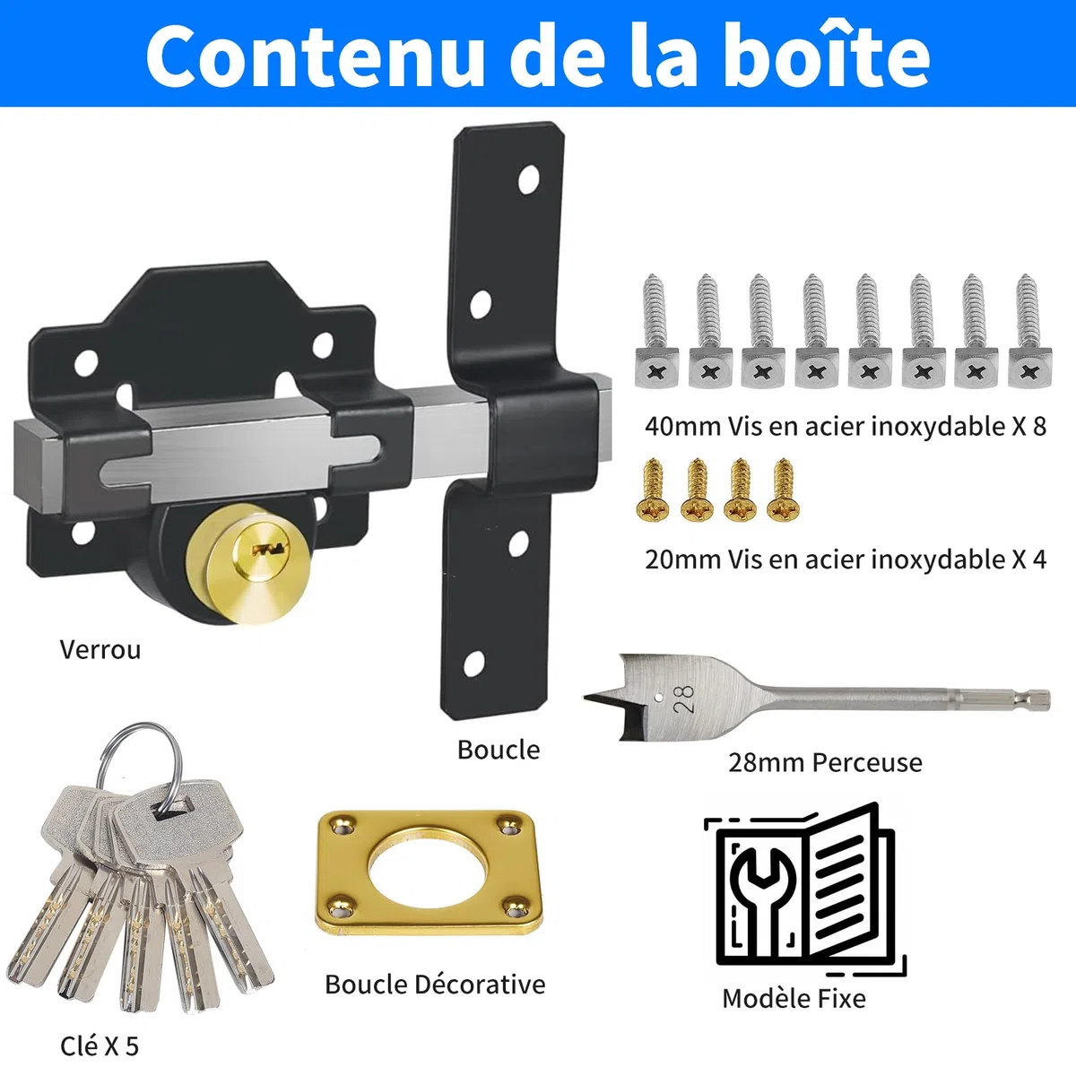 Serrure de portail longue portée 50 mm, double verrouillage, en acier inoxydable, pour portail en bois, 5 clés