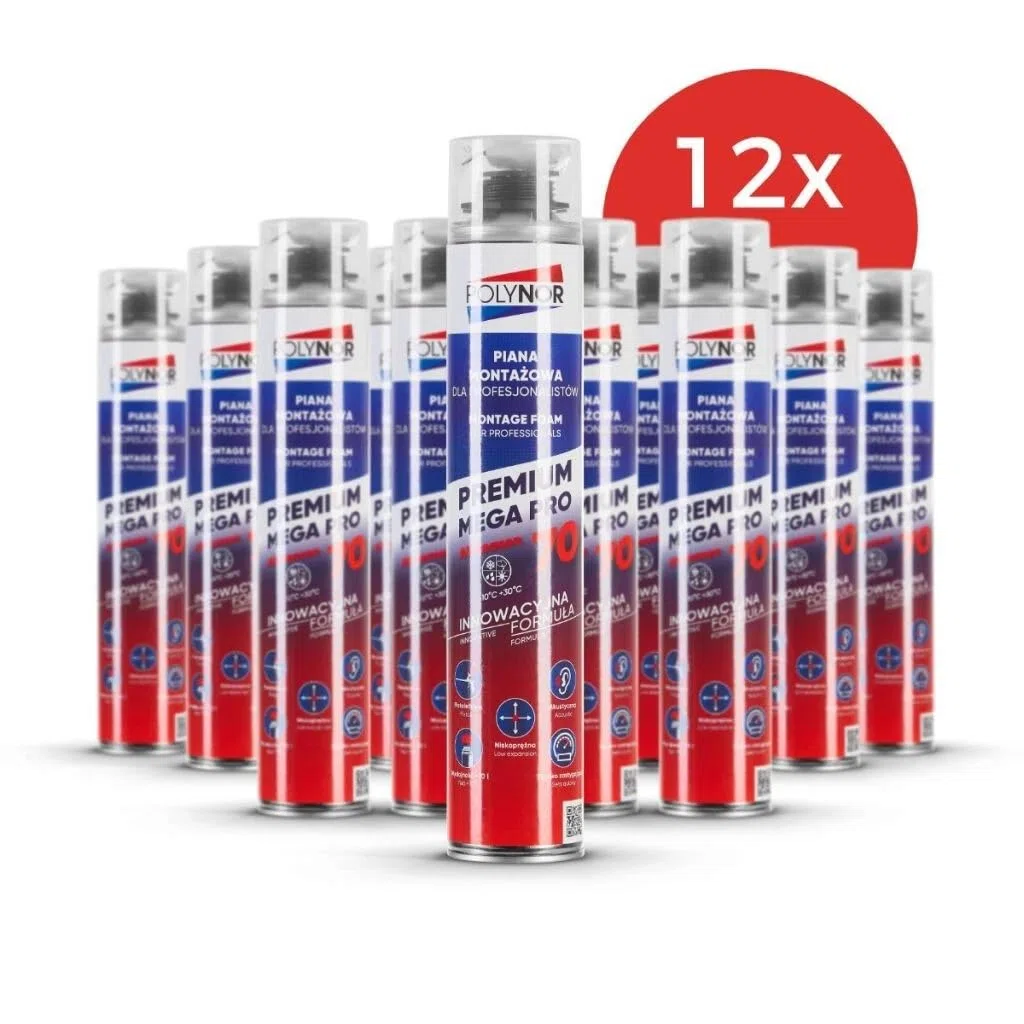 POLYNOR Mousse de montage PREMIUM MEGA PRO 70 - multisaison - Kit de 12 pièces + pistolet à mousse - étanchéification des interstices et des joints - PUR 70L - 850 ml