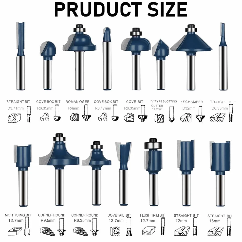 flintronic Fraises Defonceuse 6.35mm, Coffret de 15 Fraises Tige de 6.35mm 1/4", Coupe-outils pour Travail Bois à Pointe en Carbure de Tungstène, Tige Forets en Acier Forgé