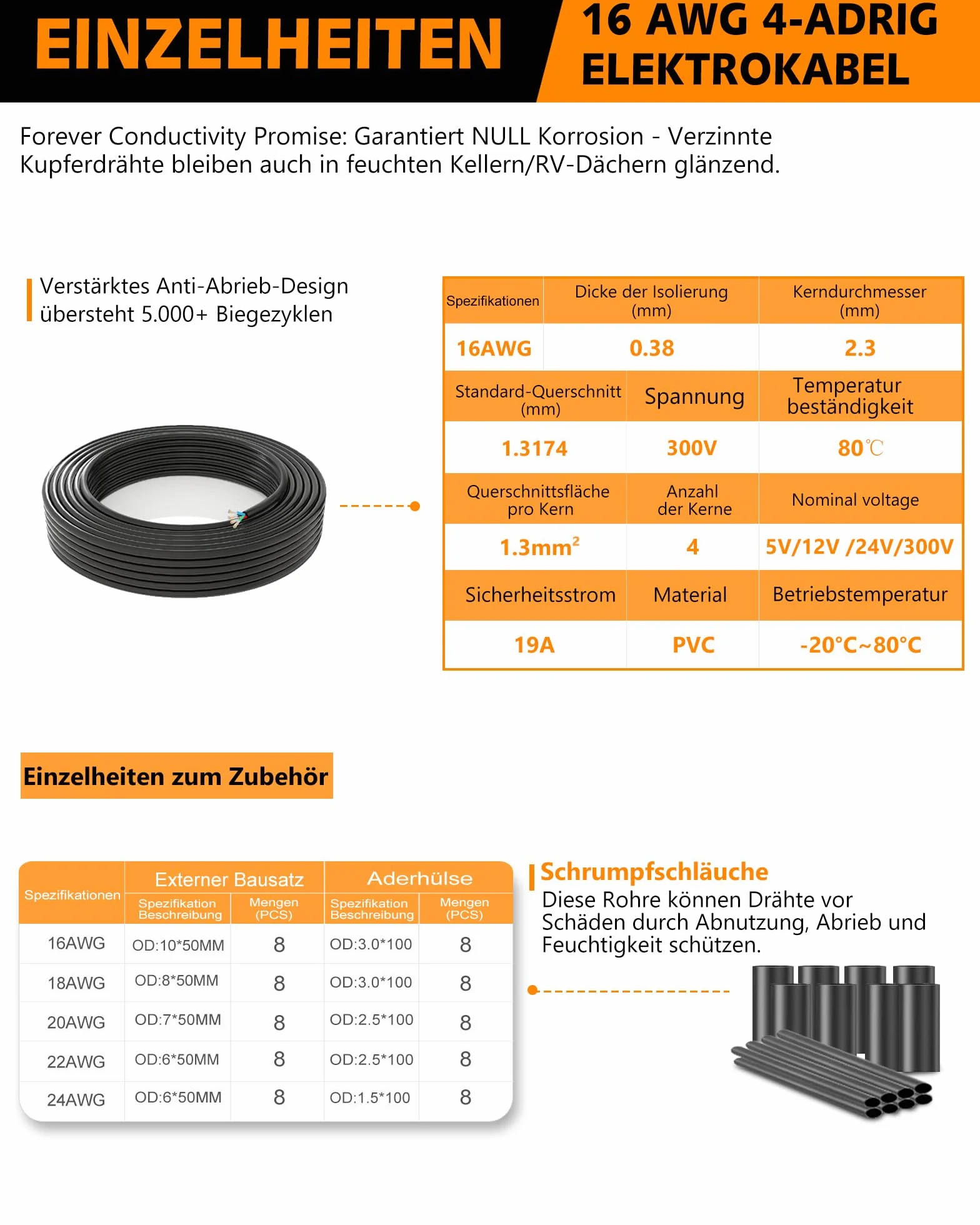 Câble d'Extension 8 Mètres 16 AWG 4x1,5mm² | Fil Cuivre Étamé Multibrins Sans Oxygène UL2464 | Tension 5V/12V/24V/300V | Pour Éclairage LED, Projets Auto et Bateau
