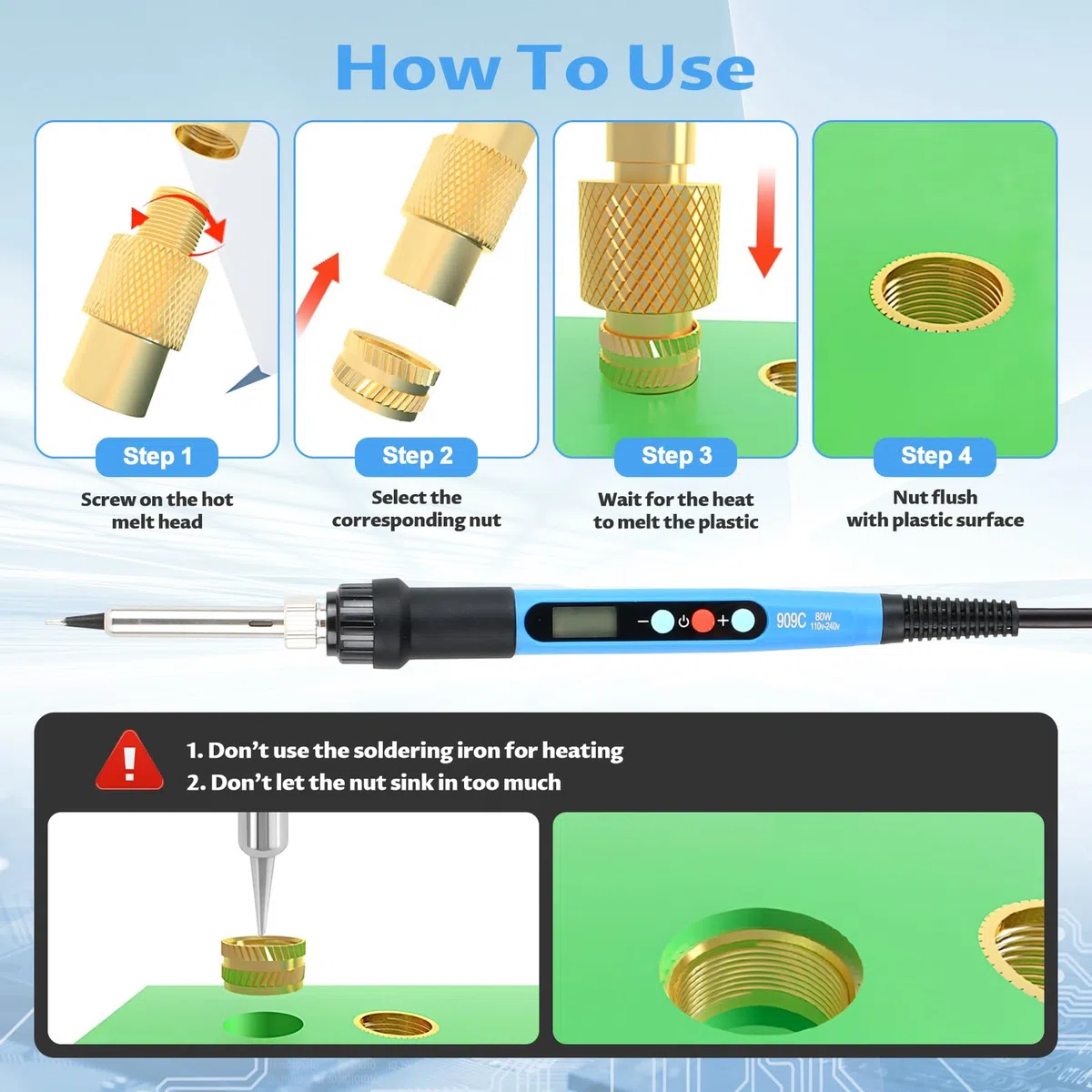 Kit de Fer à Souder Pointe Fer a Souder pour Inserts Filetés, Inserts Fileté pour la Fusion à Chaud, Écrous Filetés Laiton Femelle M2 M3 M4 M5 M6 M8 pour Composants d'Impression 3D Pièces en Plastique