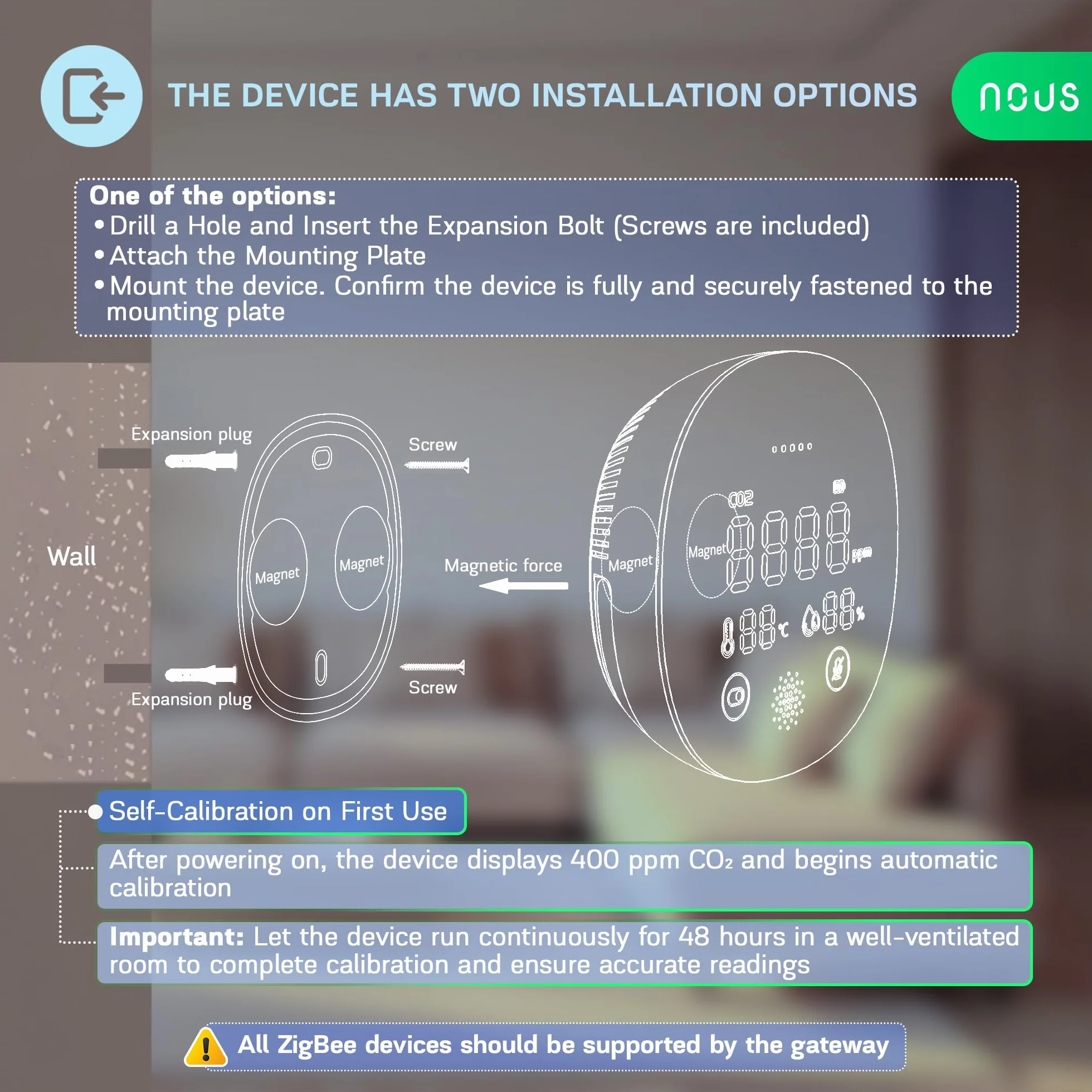 NOUS E10 Détecteur ZigBee CO2 avec Capteur de Température & Humidité, Moniteur Intelligent de Qualité de l’Air, Écran LED, Alertes Sonores&App, Suivi en Temps Réel, Zigbee 3.0, Compatible Alexa & Tuya