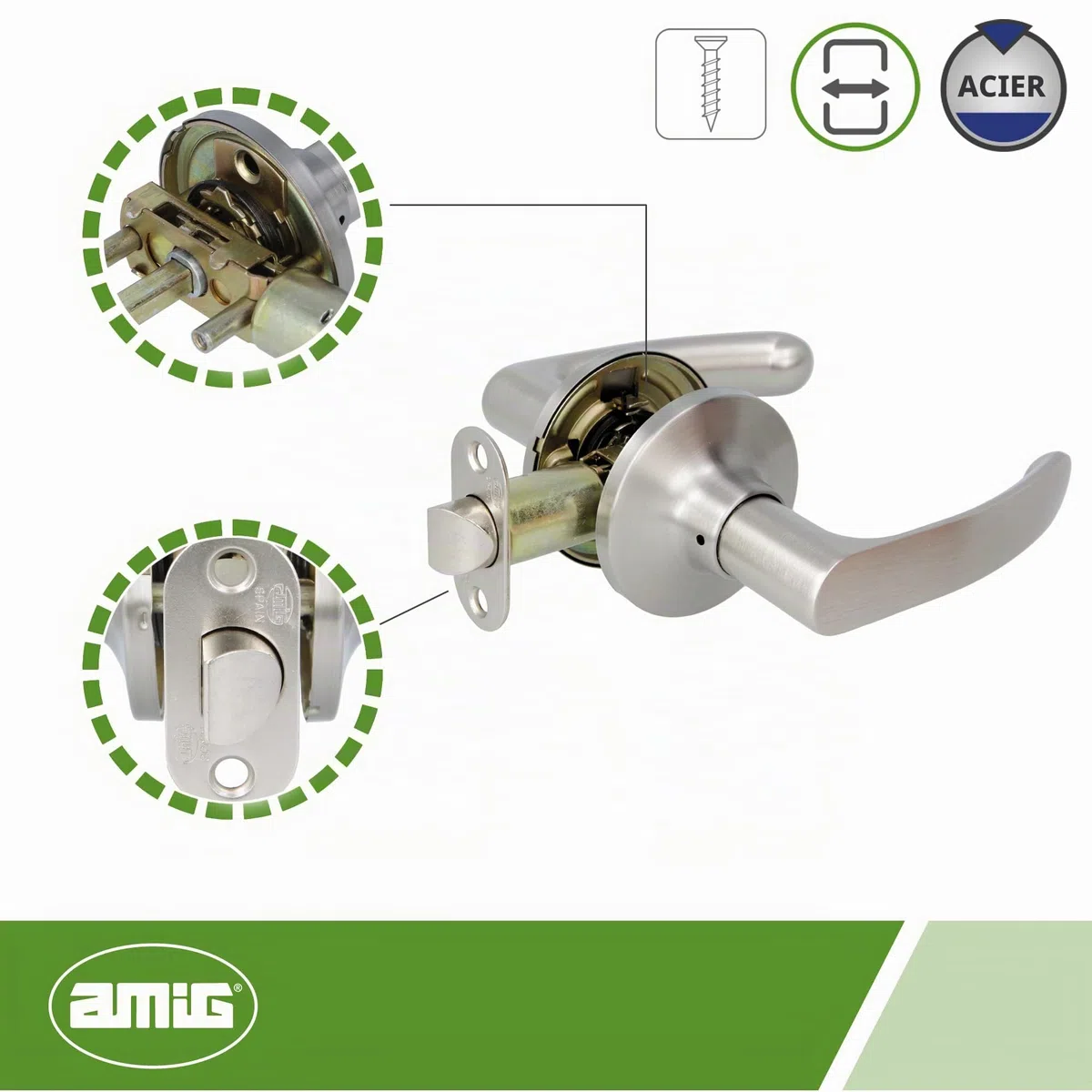 Amig - Ensemble de Poignées avec Pêne pour Portes | Poignée pour Portes d'Intérieur | Design Élégant et Simple Idéal pour votre Maison ou Bureau | Acier | Chrome Mat | Pêne d'Entrée 60/70 mm