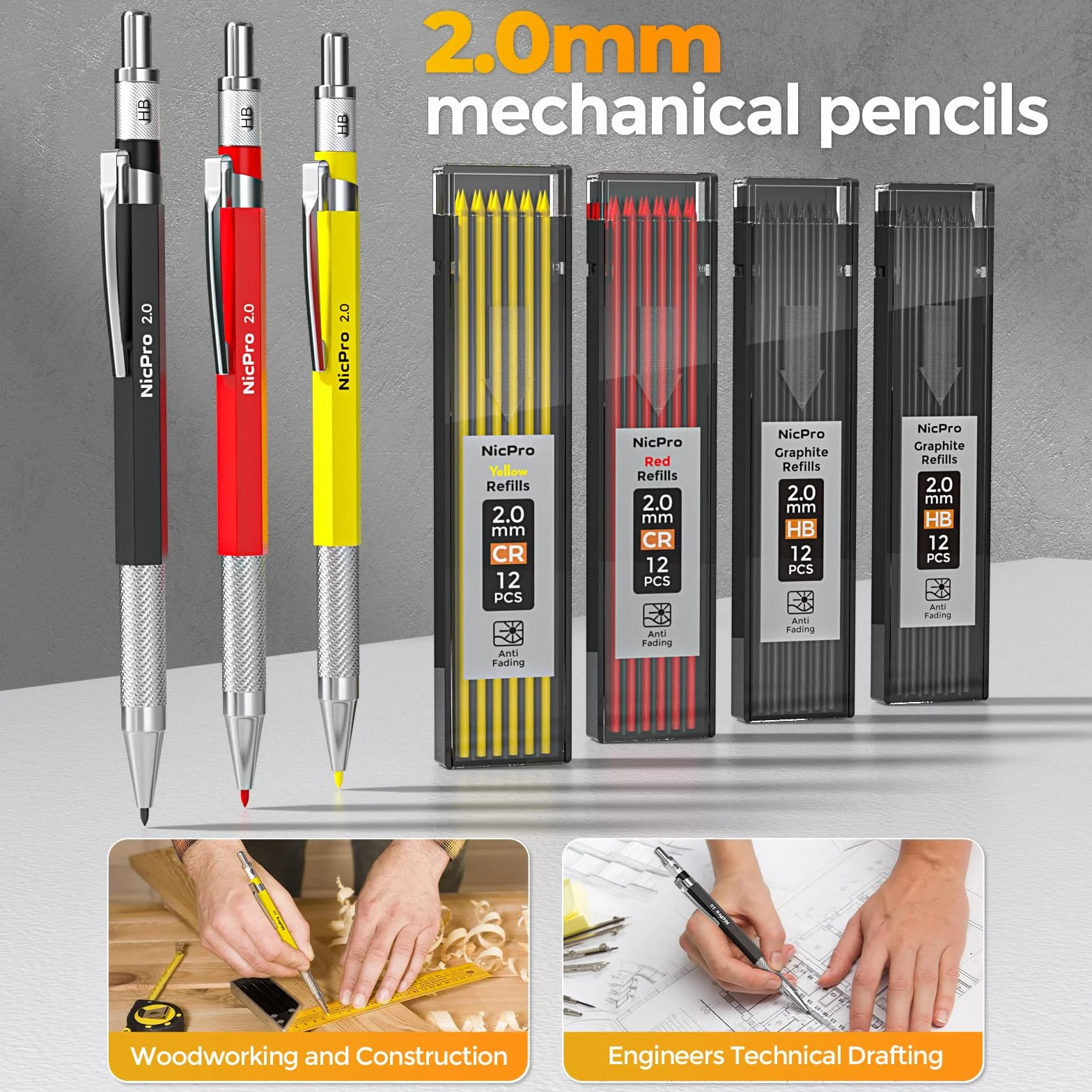 Nicpro 39 crayons chantier, crayons de charpentier mécaniques avec 102 recharges, Marqueurs à pointe longue, Outil de traçage en carbure et Crayons de construction pour architecte et menuisier