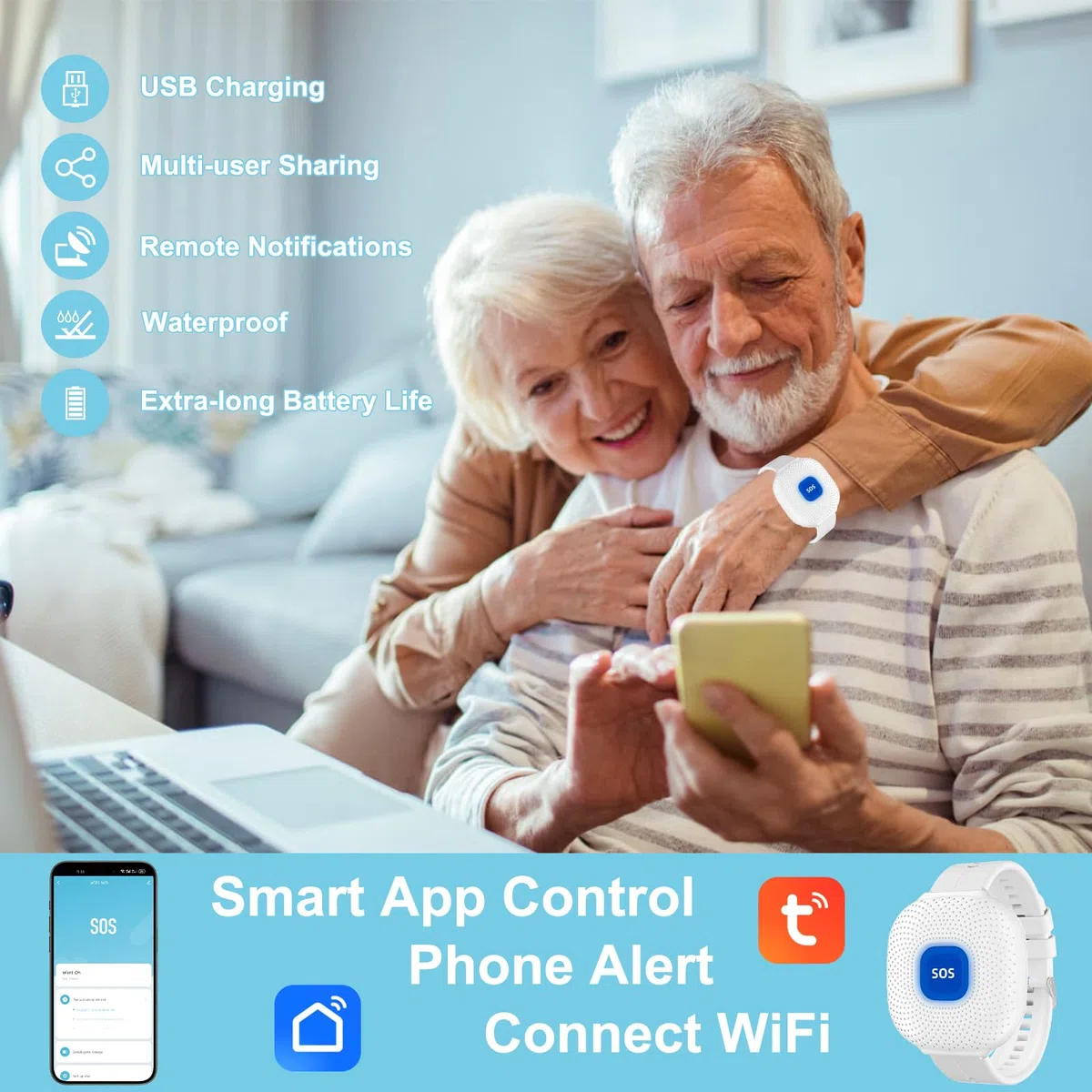 WiFi Bouton Alarme Personne Agee,SOS Alarmes de Bouton d'urgence Personnes Âgées,Contrôle D'application Tuya,Bracelet Alarme Personne Agee pour Personnes âgées ,Patients Handicapés (Blanc)