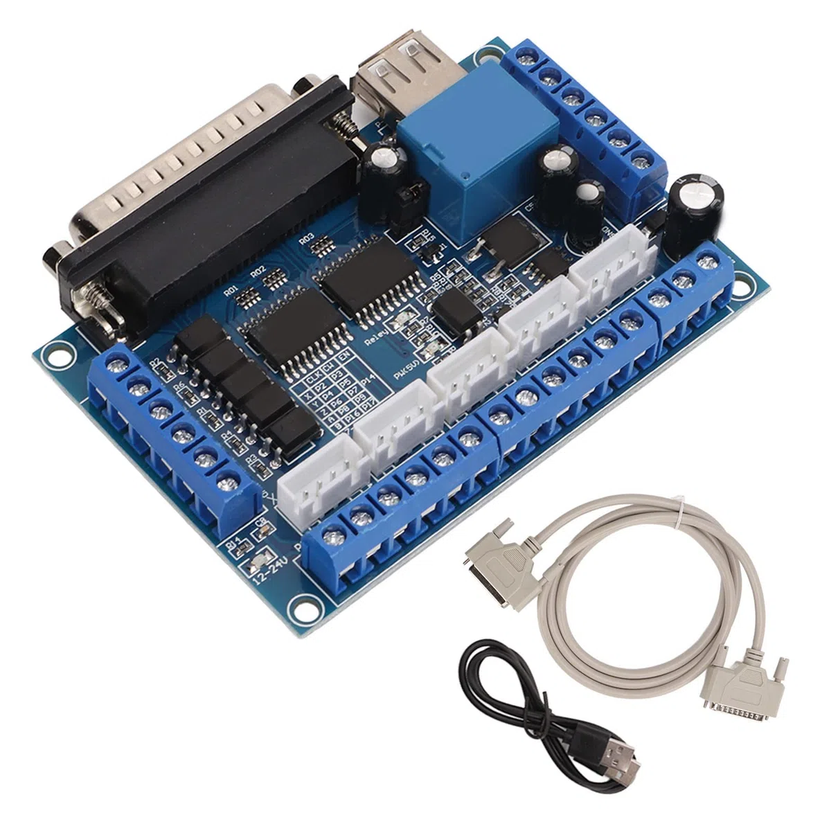 DC 12-24V CNC Breakout Board 5 Axes Mach3 Carte d'interface avec carte d'isolement optocoupleur, câble de port USB DB25 Câble pour pilote de moteur pas à pas MACH3(Bleu)