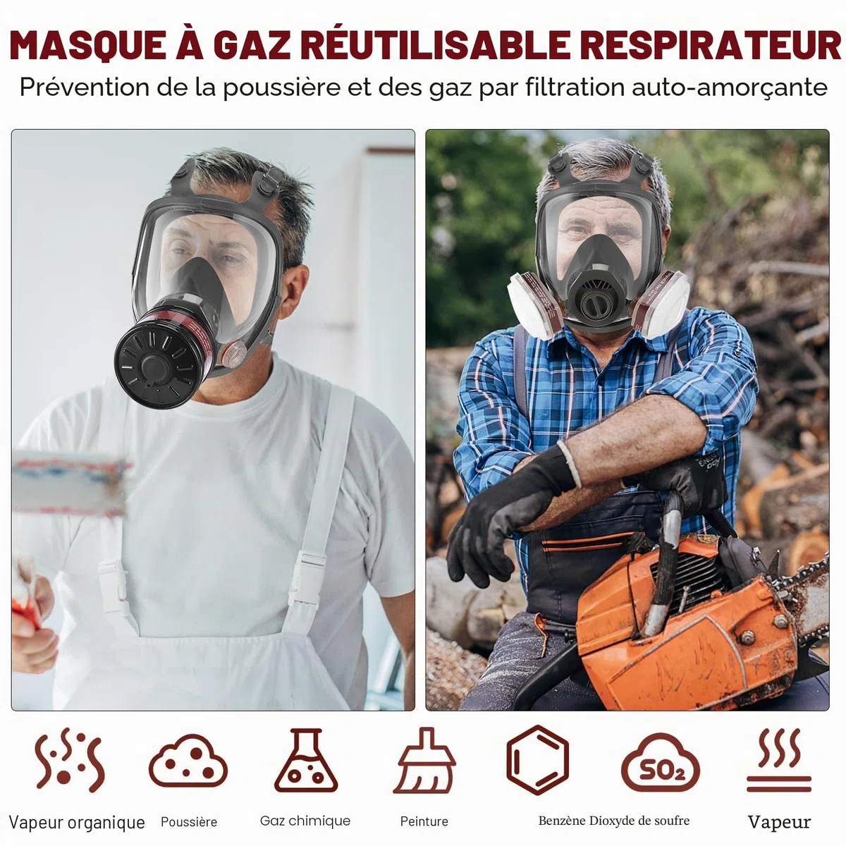 Masque à gaz complet avec filtre à charbon actif de 40 mm et filtres 6001CN, masques à gaz contre la poussière, la peinture, le polissage, la soudure, la vapeur organique, les produits