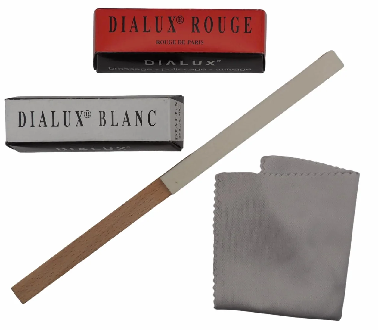 Assortiment de pâtes de polissage Dialux Rouge et Blanc pour l'argent et l'or - Super finition et belle brillance - Fourni avec un cabron en feutre et deux microfibres