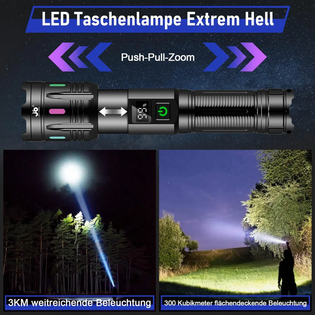 JAY-PARK Lampe Torche LED Ultra Puissante 1000000 Lumens, Rechargeable, Longue Portée, 5 Modes D'éclairage, Zoomable