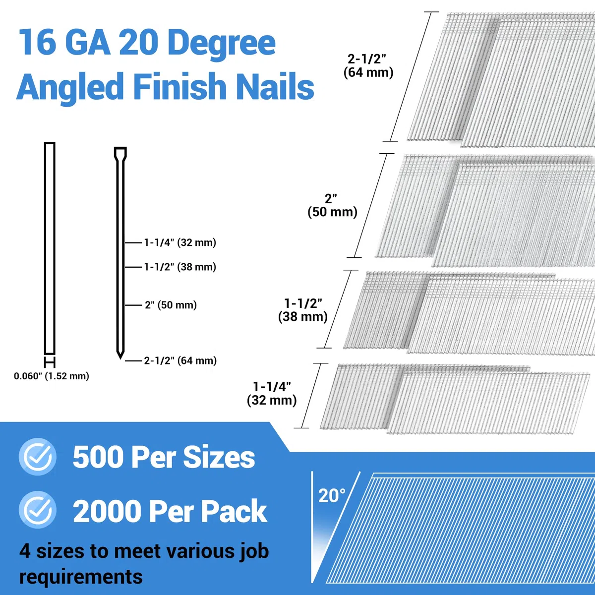 meite Kit de Clous De Finition Inclines 16GA 20 Degres, Galvanises 5 Tailles Assorties (32 mm, 38 mm, 50 mm,64 mm - 500 Pieces Par Taille), Fil Ø 1,6 mm, Pour Cloueuse de Finition 16G, Lot de 2 000