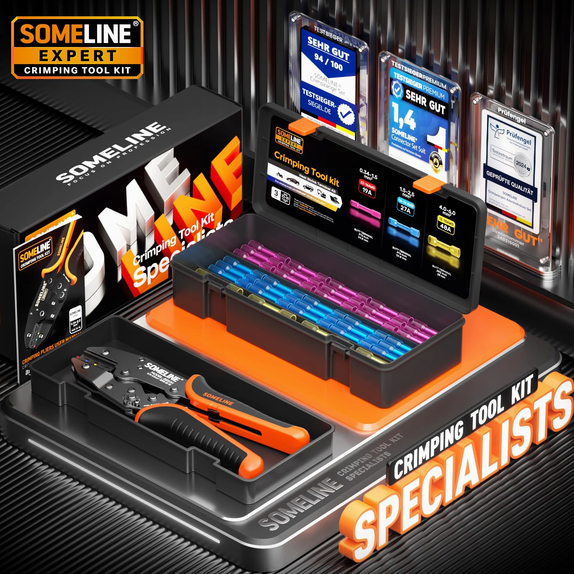 SOMELINE Pince à Sertir Cosse Thermorétractable Kit, Pince à Sertir 0,34-6 mm², avec 100 pcs Connecteur Thermorétractable, Cosse a Sertir Connecteur Electrique Etanche, for Cars and Boats