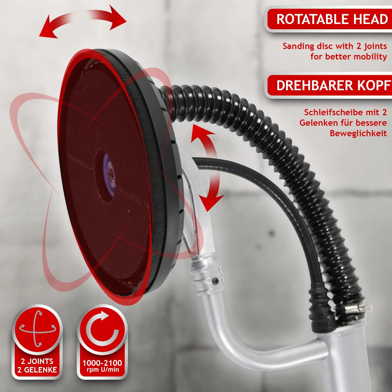 TIMBERTECH® Ponceuse Girafe - 710 W, 6 Disques de Ponçage Ø 220 mm, 1000-2100 tr/min, Noir/Rouge - Ponceuse à Bras, Cloison Sèche, pour Plafond, Mur (Rouge)