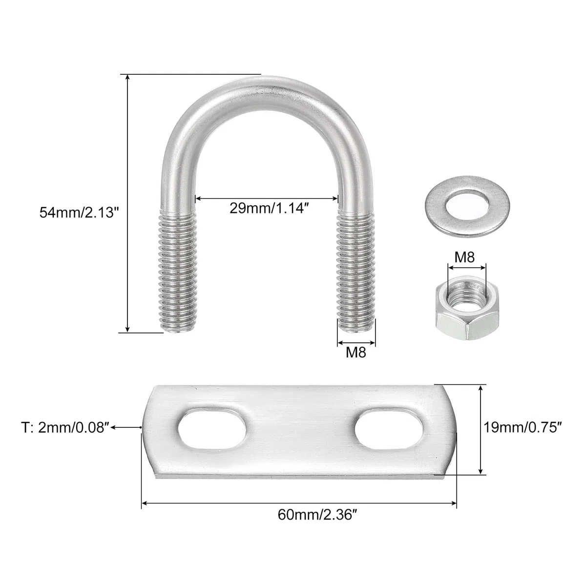QUARKZMAN Boulons en U Ronds, 8 Ensembles 27mm(1.06") Largeur Intérieure 54mm Longueur M8 Boulon de Serrage en U en Acier Inoxydable 304 avec Écrous et Plaques, pour Remorque de Bateau