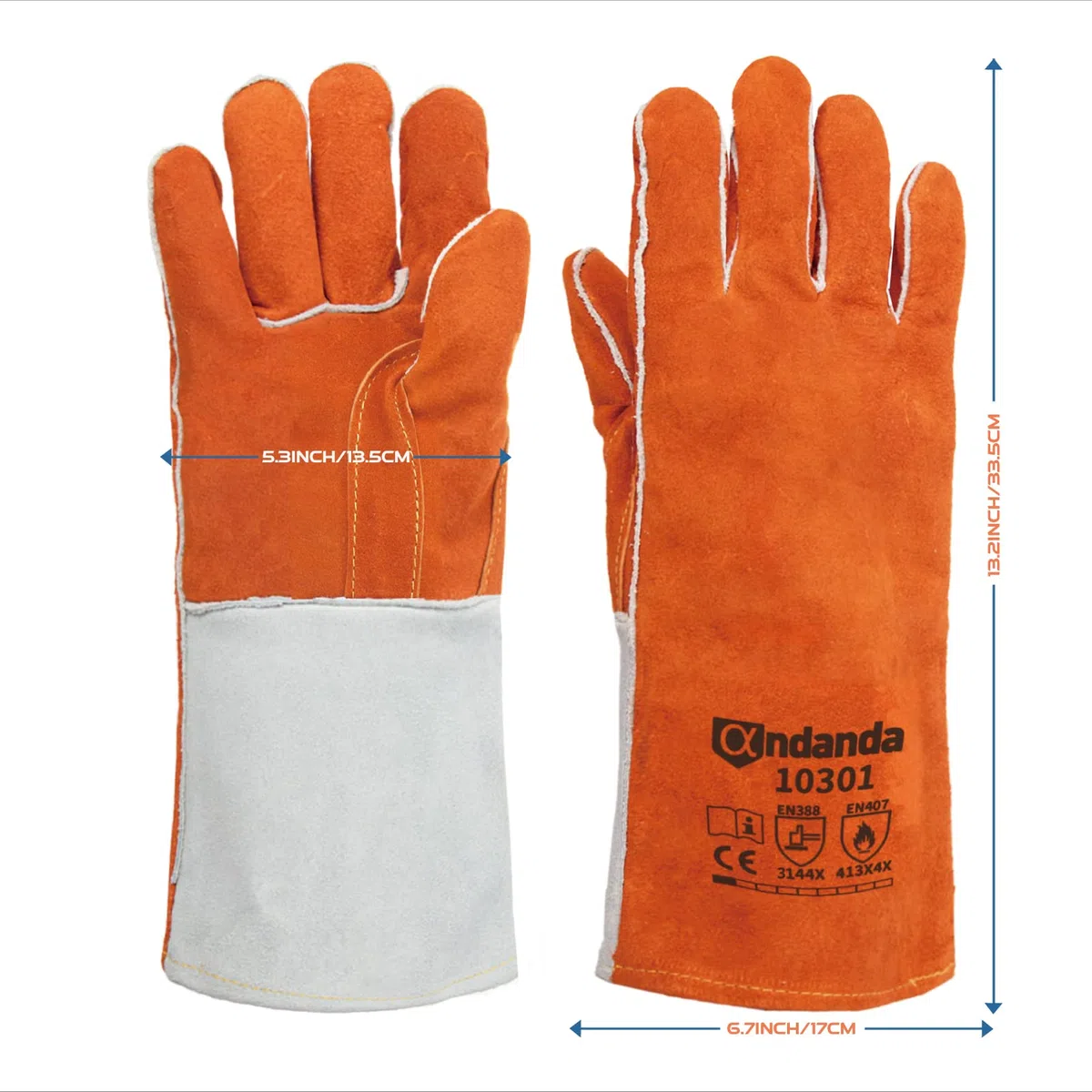 ANDANDA Gants de soudure en cuir forgé,33 cm,Résistants à la chaleur et au feu, les étincelles et les projections de soudure,Fonctionnent parfaitement pour les soudeurs
