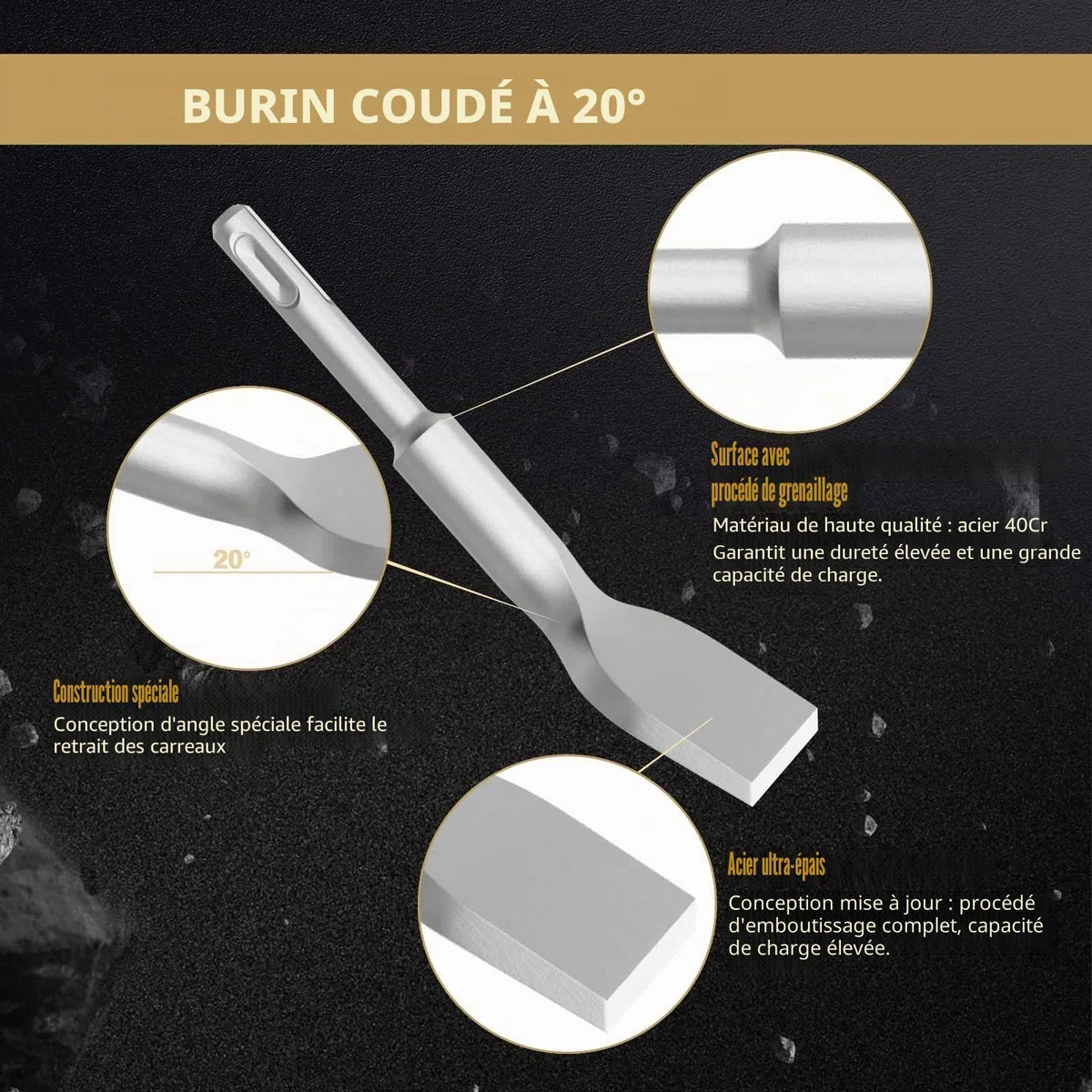 CSOOM SDS PLUS Lot de 2 burins à carrelage 75 x 165 mm et burins plats 100 x 280 mm pour carrelage, colle à carrelage, béton, pierre naturelle, maçonnerie, etc