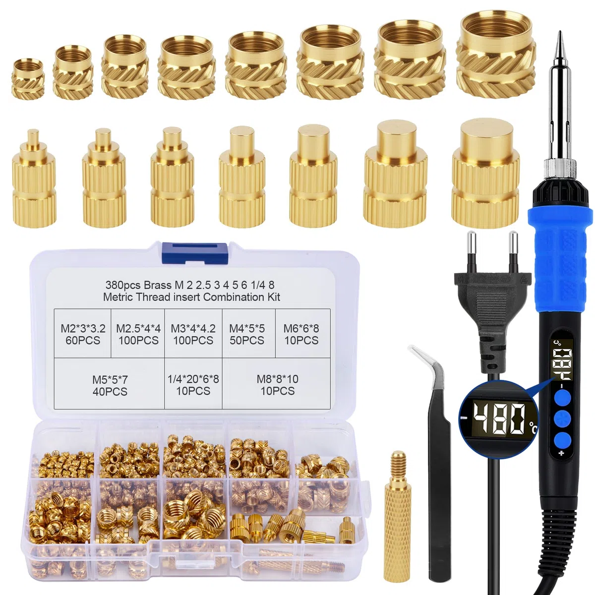 390 Pièces Inserts Filetés,Fer à souder LED 90W avec température réglable avec 380 pièces M2-M8 Insert Fileté Metal Pour Composants d'Impression 3D et Pièces en Plastique