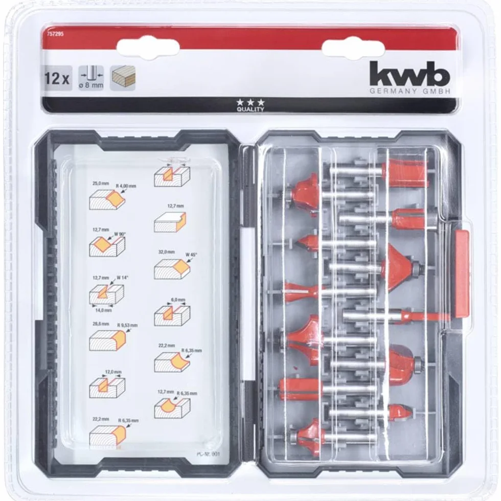 kwb Jeu de 12 fraises Ø 8 mm, à mises rapportées en métal dur, avec tige de serrage précise et géométrie de coupe optimisée pour un fraisage précis.