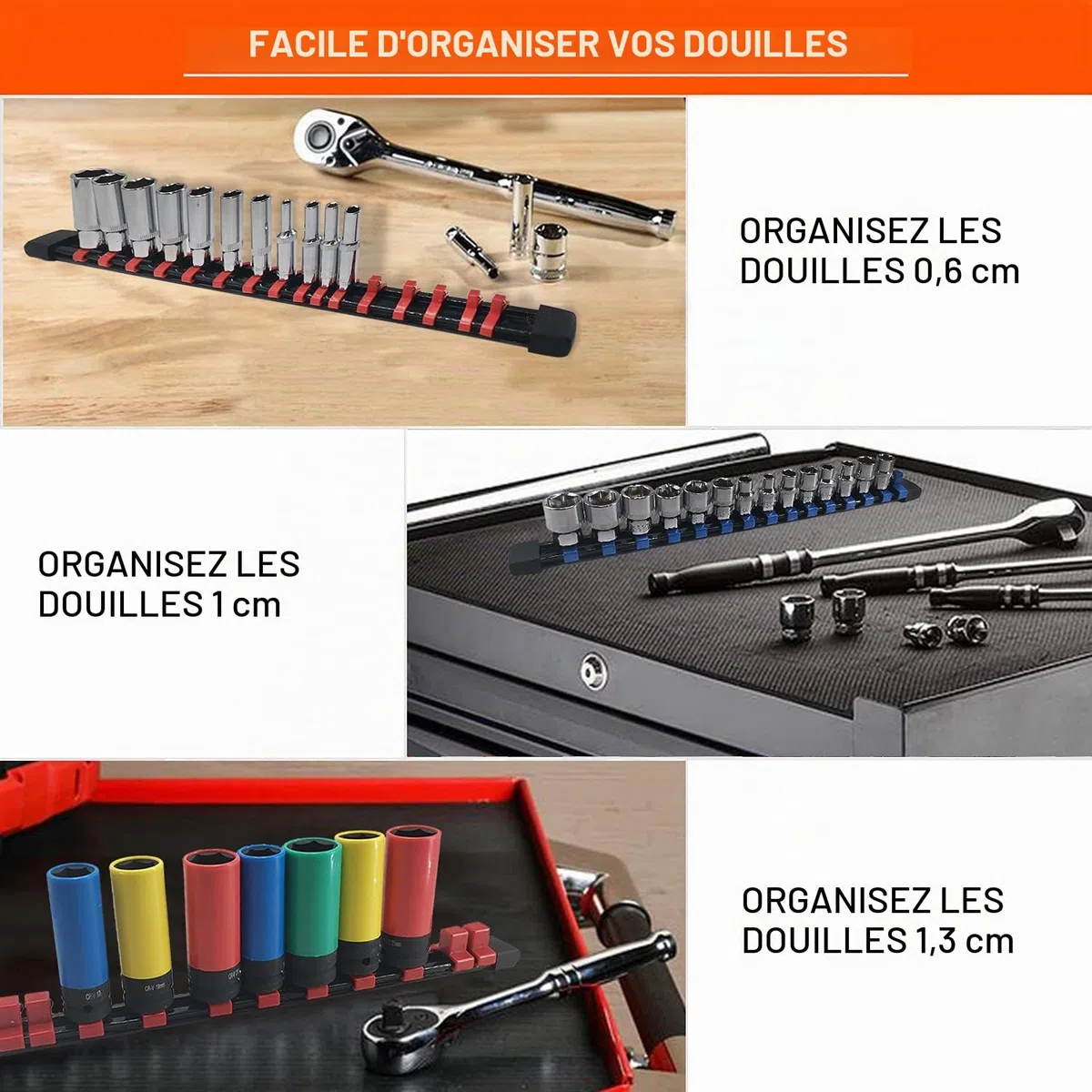 ACEBON Lot de 6 Porte-Douilles 1/2" (12,7 mm), 3/8" (10 mm), 1/4" (6,3 mm), Rail de Rangement avec 86 Clips, Support pour Douilles Métriques et SAE, Organisateur pour Boîte à Outils, Garage et Atelier