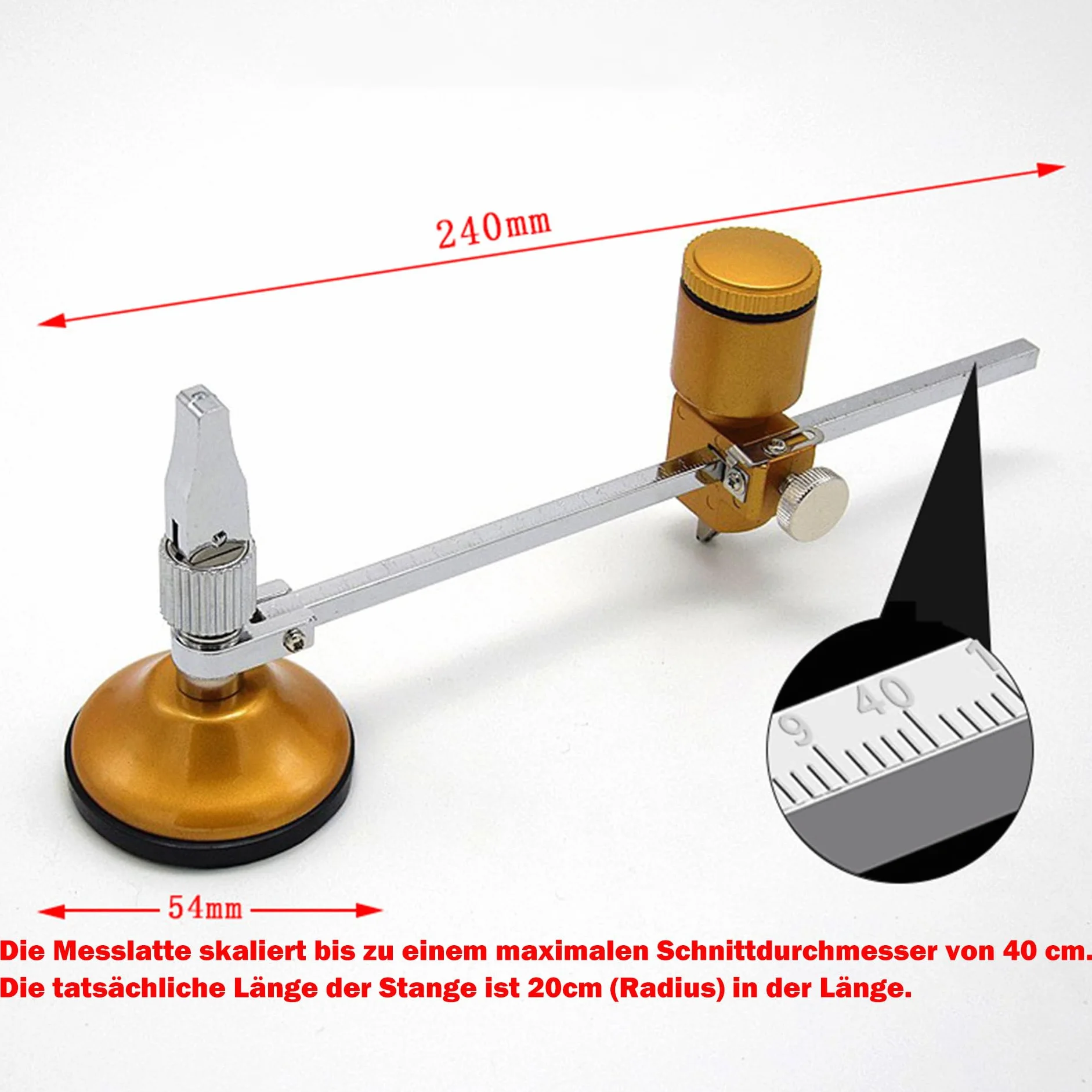 Respicefinem Coupe-cercle pour carreaux de céramique et verre de 40 cm avec base d'aspiration verrouillable Diamètres parfaits 13,5-40 cm Précision Sécurité assurée