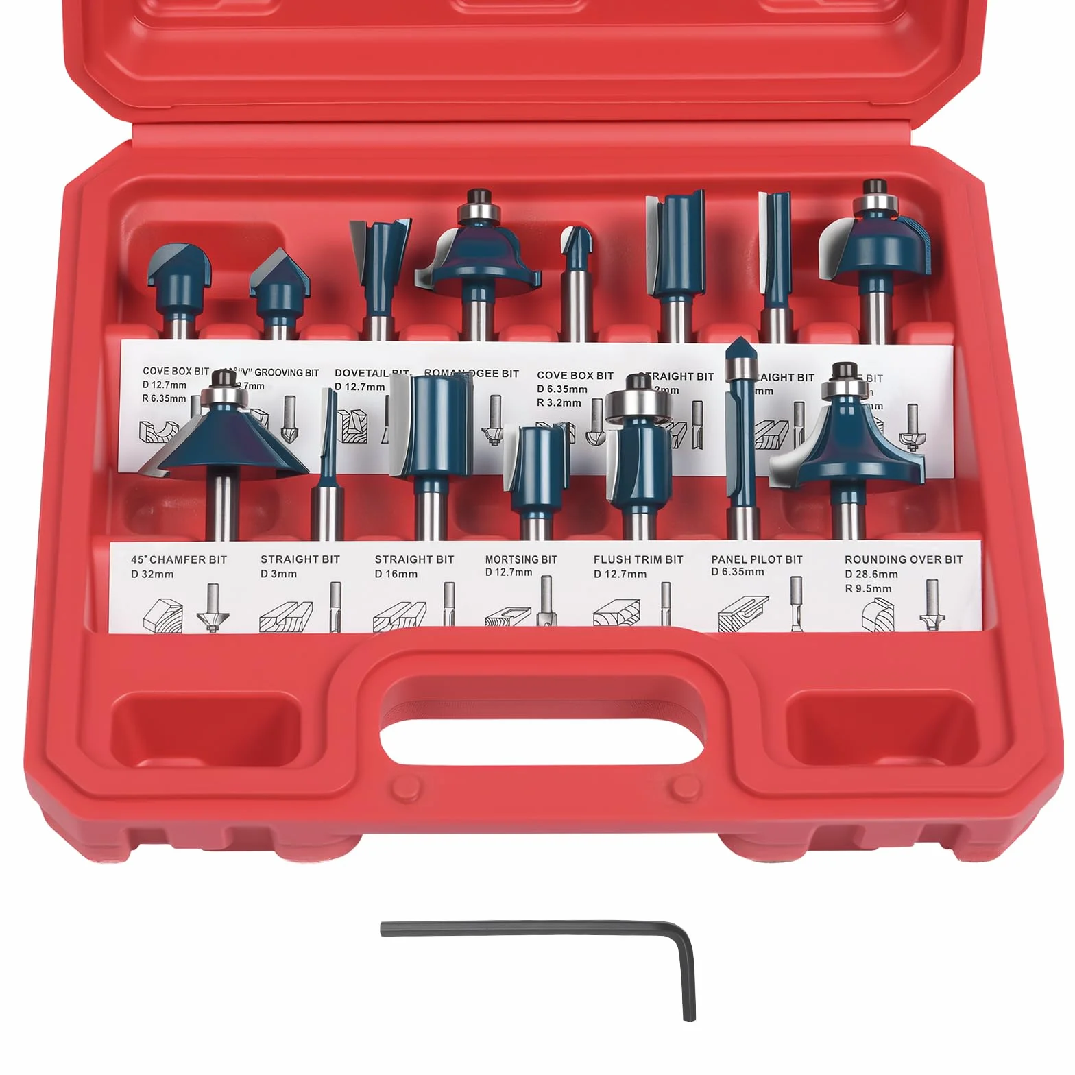 flintronic Fraises Defonceuse 6.35mm, Coffret de 15 Fraises Tige de 6.35mm 1/4", Coupe-outils pour Travail Bois à Pointe en Carbure de Tungstène, Tige Forets en Acier Forgé
