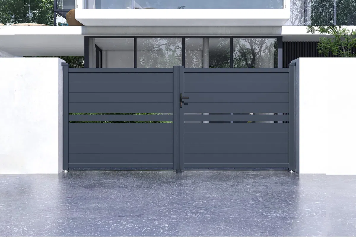 Casanoov Portail Battant CIMONE 3,5x1,60m Aluminium Gris Anthracite – Portail Double Battant Semi-Ajouré – Robuste Inoxydable Résistant Intempéries – Montage Facile Clôture Jardin Sécurisée 350x158cm