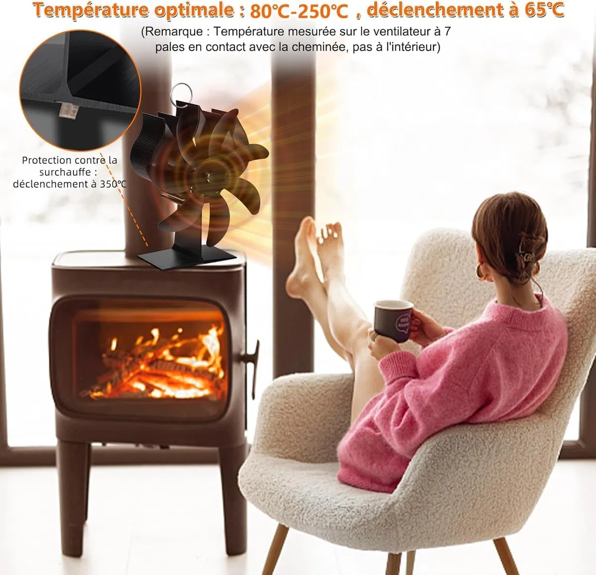 Ventilateur Poele à Bois 7 Pages, Silencieux Ventilateur à Poêle avec Thermomètre,ventilateur de Cheminée pour Ventilateurs poeles granule,Foyer à Bois, Écologique Alimenté Par la Chaleur