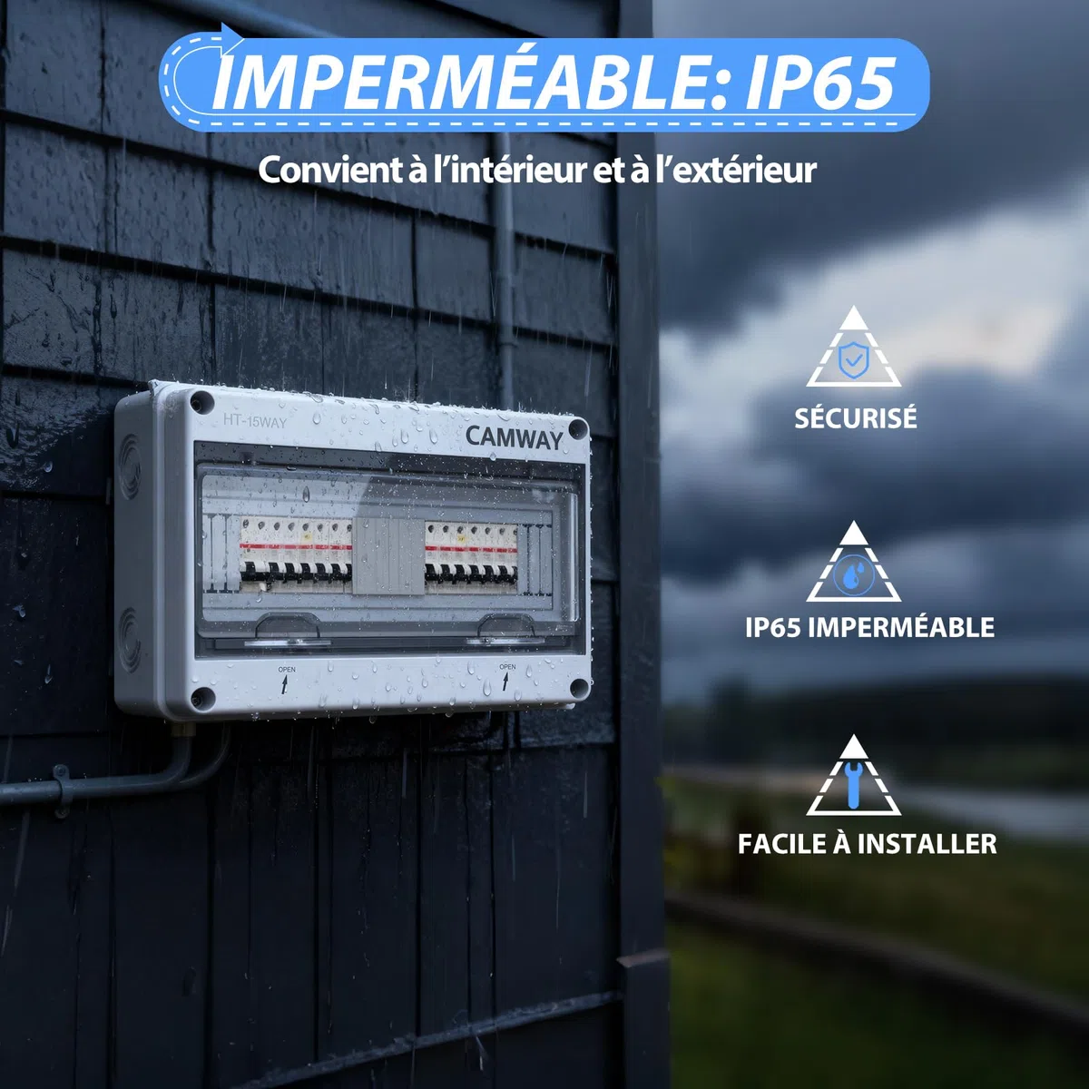 CAMWAY Boîte de distribution exposée 15 voies IP65,1 rangée de 8 modules pour utilisation extérieure, Boîte à Fusibles Exposée en ABS avec Porte Transparente Installation facile