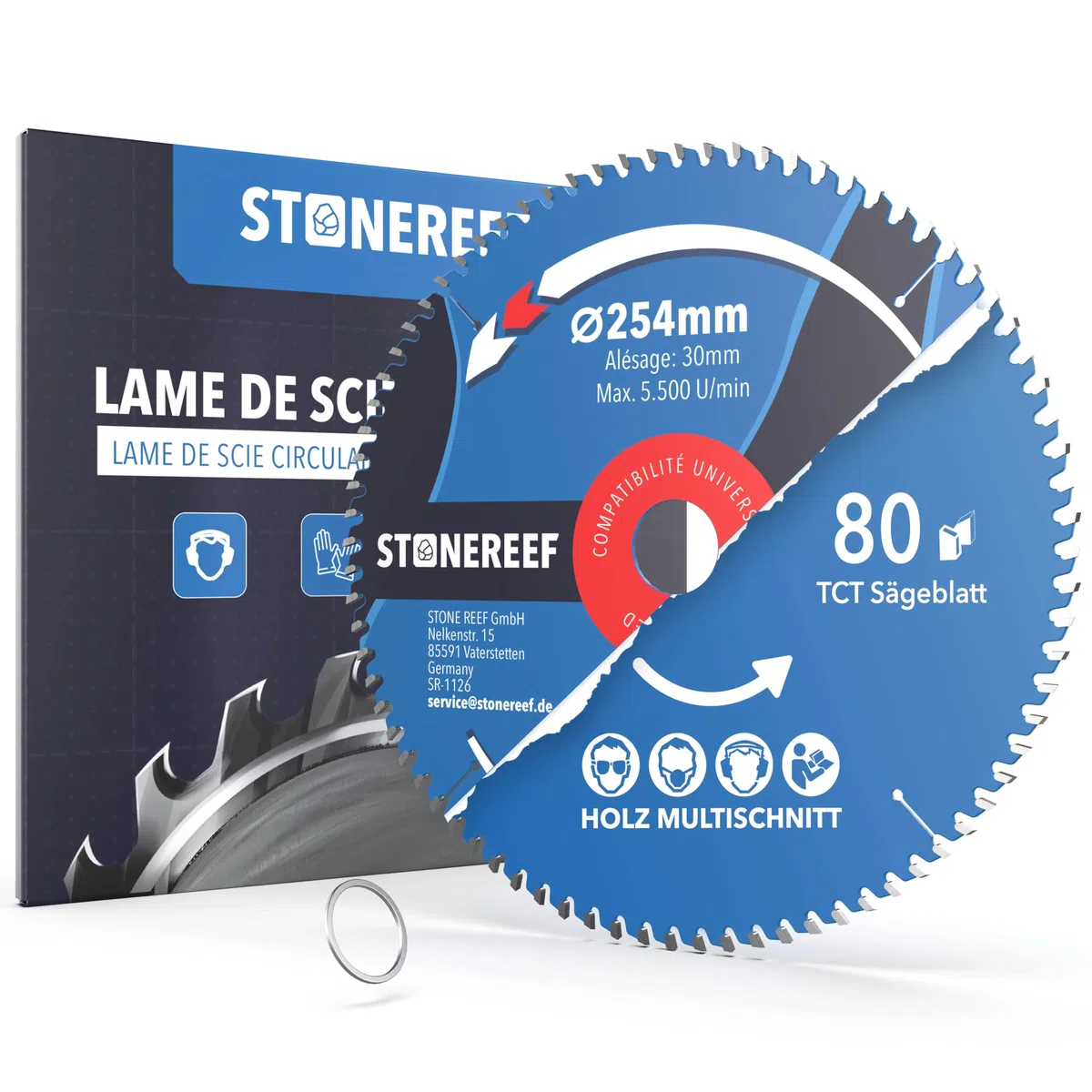STONE REEF Lame de scie circulaire 254x30 mm avec adaptateur pour alésage de 20 mm, compatible avec scie plongeante et scie circulaire de Bosch, Makita, idéale pour le bois, le métal et l'aluminium