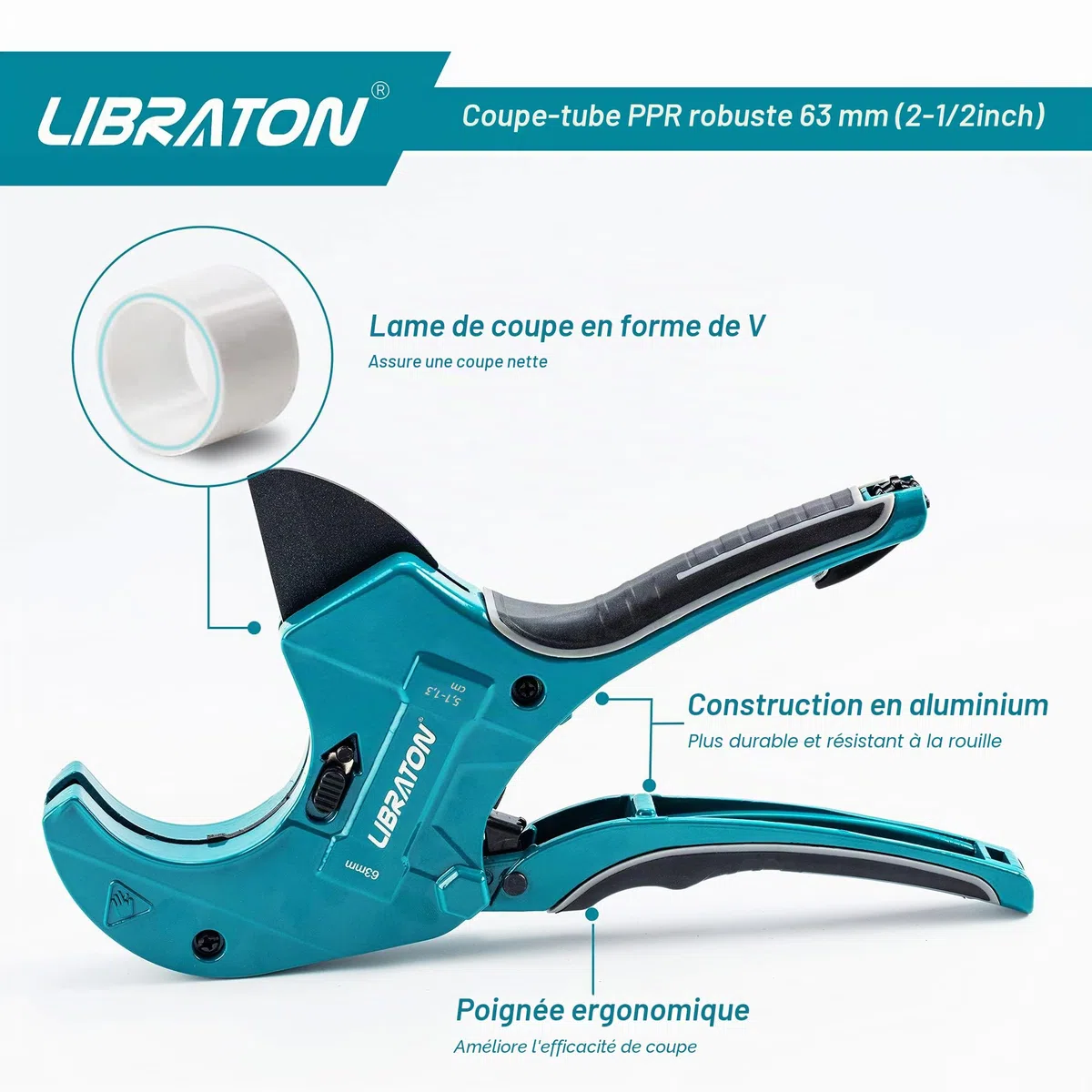 Libraton Coupe-tubes en PVC Libraton 2-1/2" (63mm), grand coupe-PVC, lame améliorée pour usage intensif, coupe-tubes en plastique pour couper les tuyaux en PVC, tuyaux PEX, tuyaux en plastique