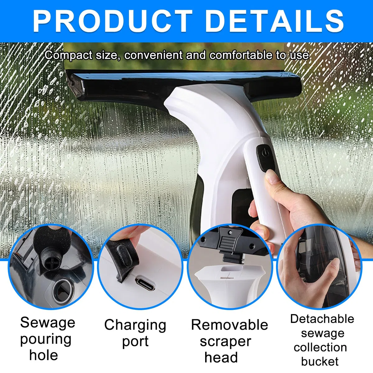 Aspirateur de fenêtre sans fil : aspirateur de fenêtre et pulvérisateur, aspirateur électrique avec bandes en caoutchouc souple, vaporisateur et serviette pour fenêtres, carreaux, miroirs et