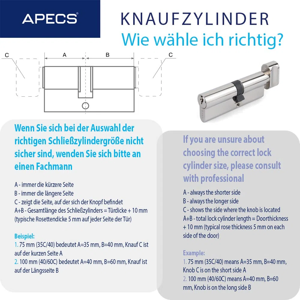 Generic APECS SM-100 40C/60 -C Serrure cylindrique 40/60 mm pour serrure de porte avant avec 5 clés