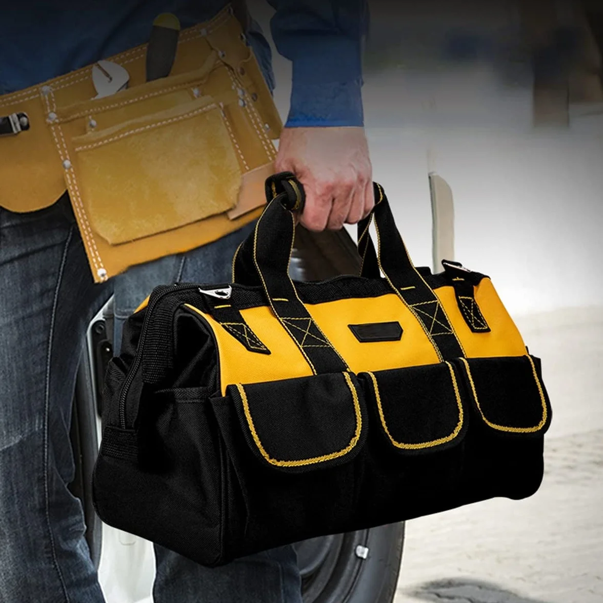 Sac à outils robuste, organiseur pour outils à main/électriques, avec bandoulière, fermeture éclair et base en caoutchouc résistant à l'usure, grande capacité, imperméable, rangement d'outils, etc.