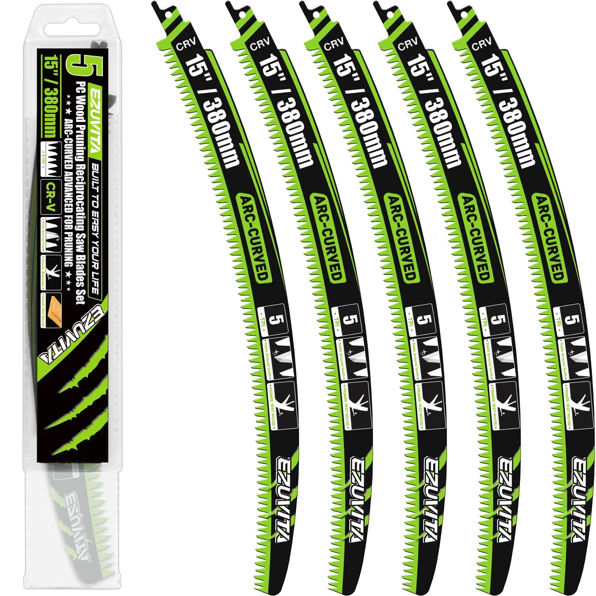 Lot de 5 lames de scie sabre d'élagage à dents japonaises de 380 mm, tranchant arqué 5 TPI, pour l'élagage et la coupe du bois