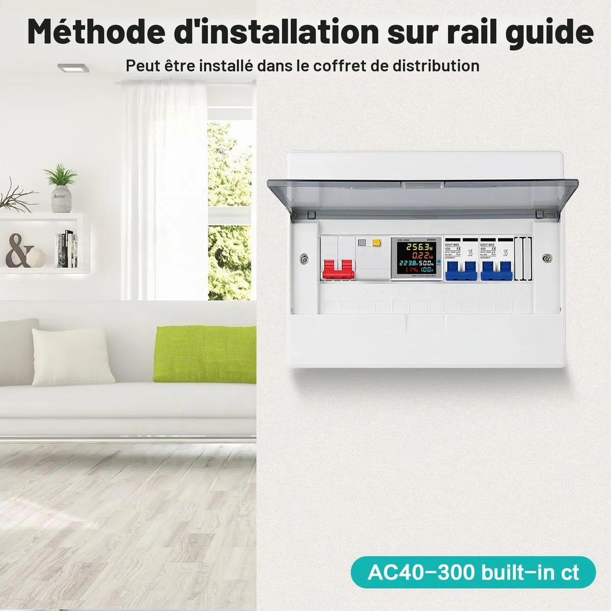 DeWin Compteur d'électricité Numérique, Compteur d'énergie Monophasé Courant Tension Puissance KWH Compteur 6 en 1 Compteur d'énergie avec écran LCD AC 40-300V 0-100A