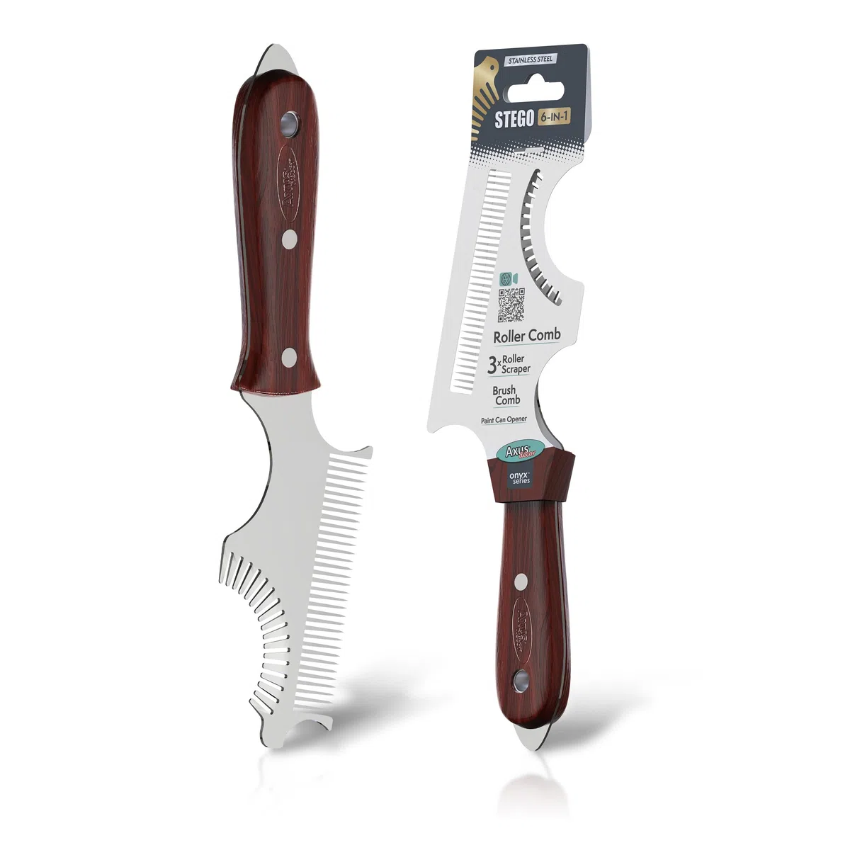 Axus Decor Stego Rouleau de peinture 6 en 1 pour rouleau de peinture tout-en-un Outil de nettoyage pour rouleaux de peinture et pinceaux, lame en acier inoxydable, 3 grattoirs à rouleaux, peigne