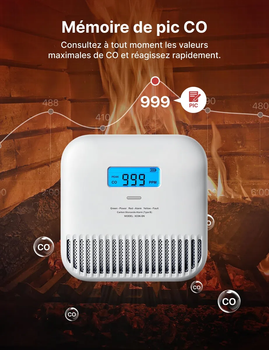 X-Sense Détecteur de Monoxyde de Carbone Autonome, Détecteur de CO Portable pour Voyage, Alimenté par Une Batterie Intégrée de 10 Ans, XC0K-SN