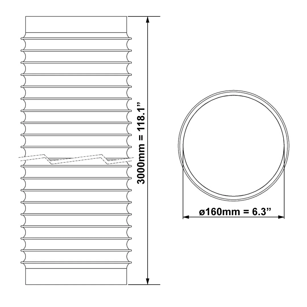 Ø 160mm Conduit d'air Flexible pour Hotte de Cuisine, Climatiseur, Hotte Aspirante, Sèche-linge - 3m Tuyau d'évacuation - Conduit de Ventilation - PVC