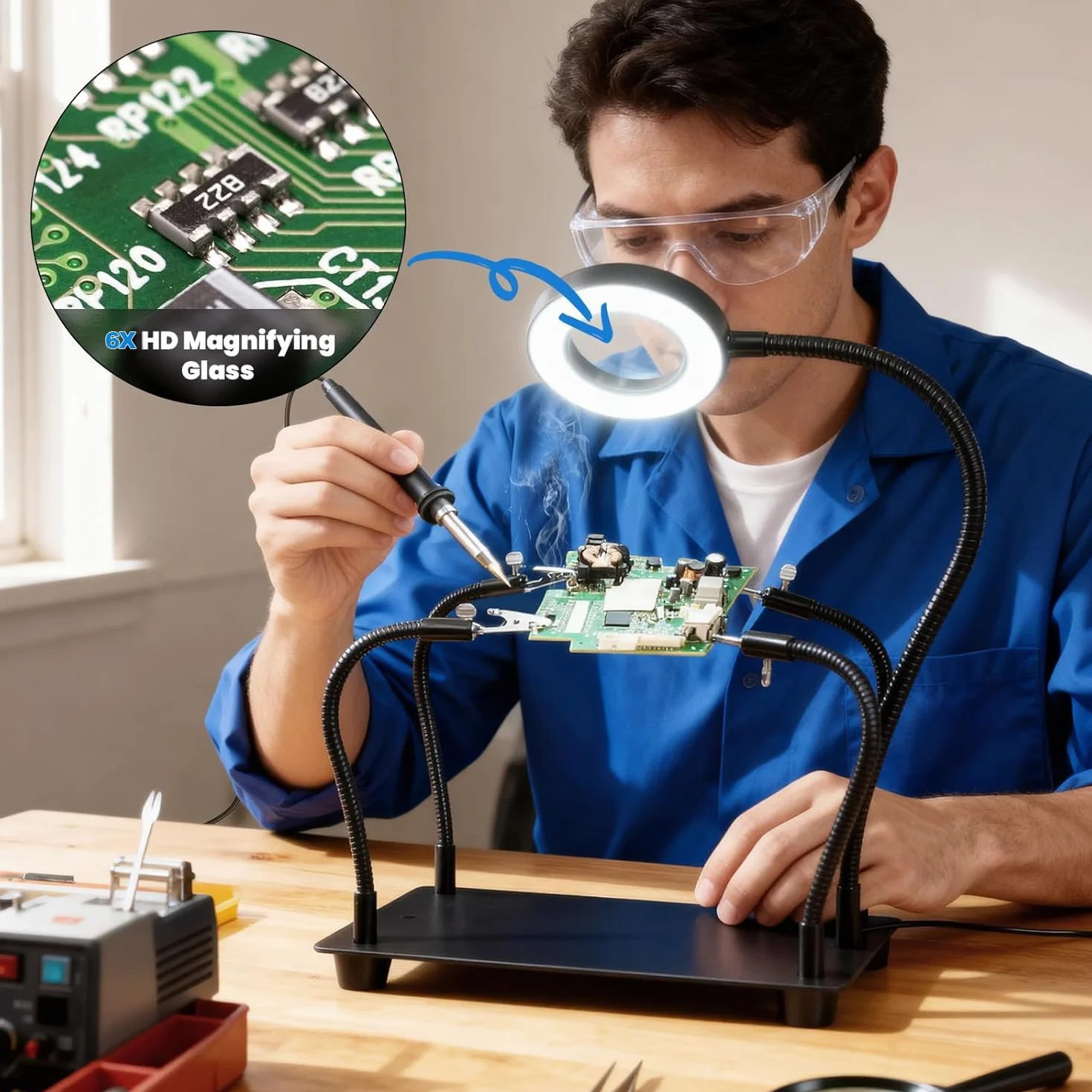 Troisième main - Aide à la soudure troisième main avec 6 loupes lumineuses - Station de soudage avec 4 bras flexibles et lampe loupe LED - Aide à la soudure pour soudeurs, fabricants de bijoux