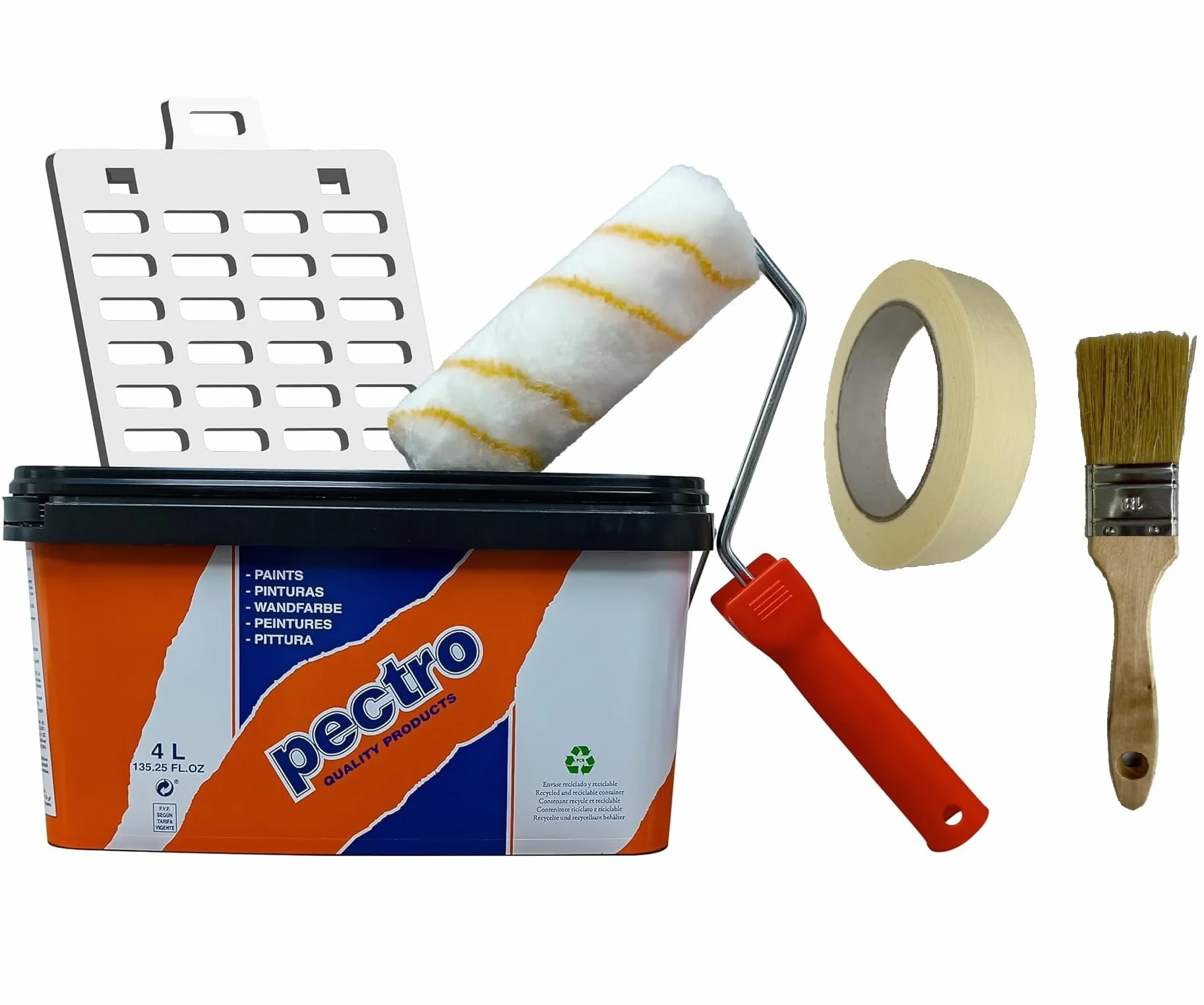 PECTRO Set Peinture blanche mur et plafond 6,6kg (4L) Kit avec rouleau, pinceau, grille et ruban | Interieur Exterieur Enterrés - Acrylique et lessivable au fort pouvoir couvrant - Emballages recyclé