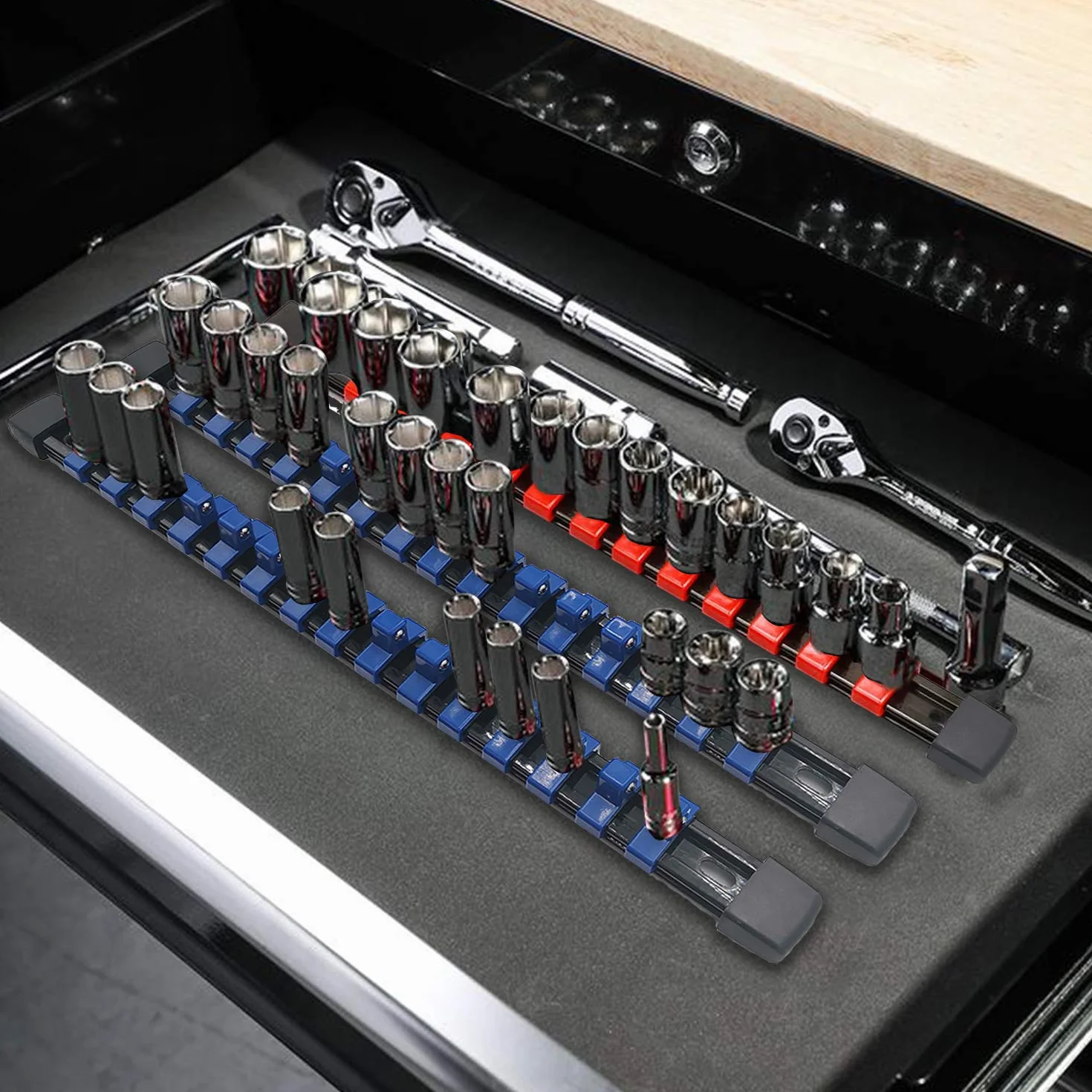 ACEBON Lot de 6 Porte-Douilles 1/2" (12,7 mm), 3/8" (10 mm), 1/4" (6,3 mm), Rail de Rangement avec 86 Clips, Support pour Douilles Métriques et SAE, Organisateur pour Boîte à Outils, Garage et Atelier