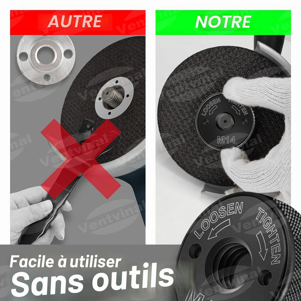 Ecrou à dégagement rapide Ventvinal SDS Clic M14, pour toutes les meuleuses d'angle d'AEG, Black & Decker, Dewalt, Flex, Hitachi, Metabo, Makita etc. (2x écrou de serrage), noir