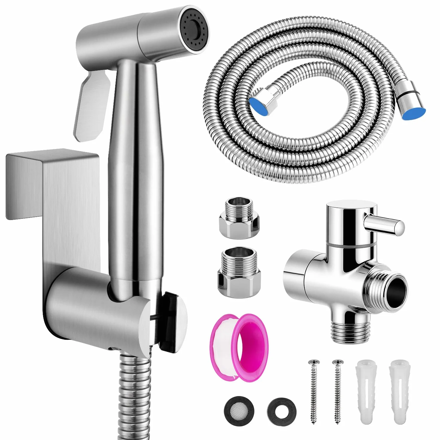 Douchette Toilette, WC Kit Complet,Kit WC, Pulvérisateur Pour l'hygiène Personnelle Quotidienne, Pomme de Douche Toilette avec Tuyau, Adaptateurs G1/2' et G3/8', Argent