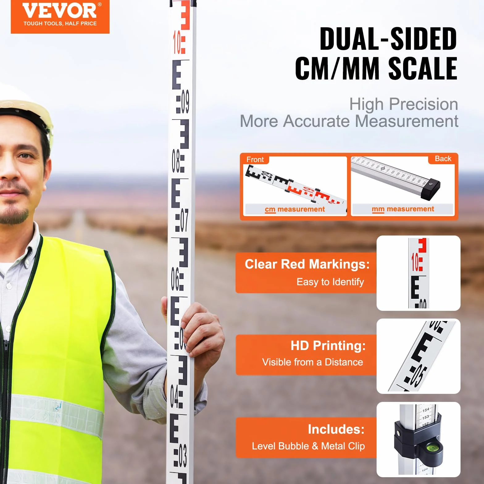 VEVOR Tige de mesure télescopique métrique 3 m, mire télescopique de mesure double face en cm/mm règle en alliage d'aluminium avec niveau à bulle et sac de transport pour mesurer maisons, murs, sols