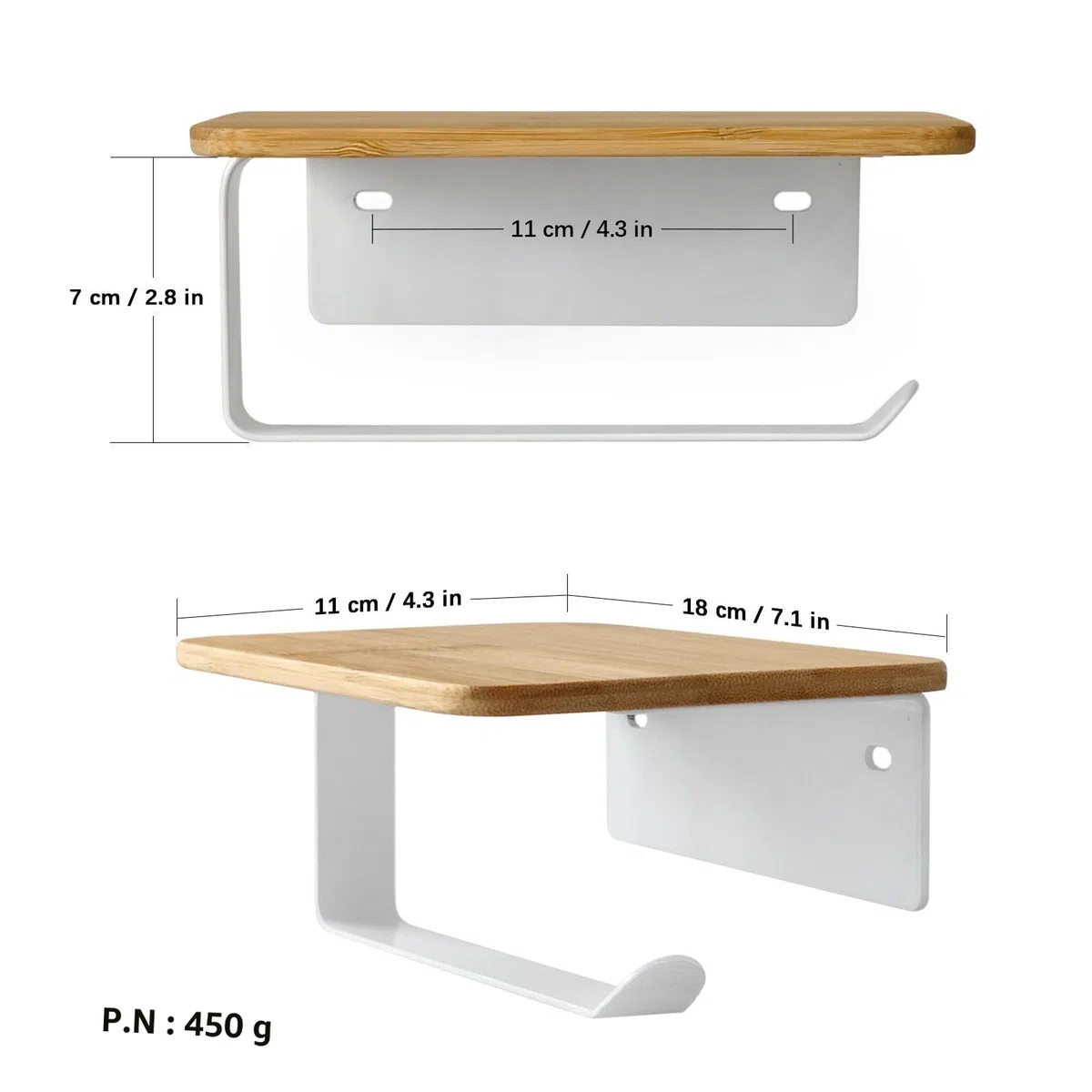Porte Rouleau Papier Toilette Adhesif sans Percage Derouleur WC Murale avec Étagère en Bambou 2 en 1 Support Papier Toilette Mural avec Perçage Blanc