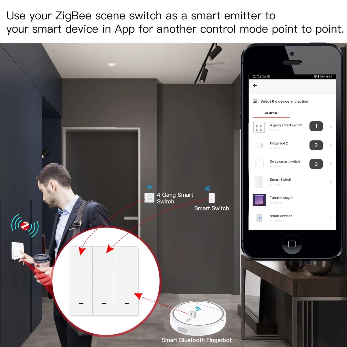 Tuya ZigBee Commutateur de Scène sans Fil 1 Gang | Alimenté par 3 piles, bouton mécanique pour scène domotique, Tuya Zigbee Hub requis
