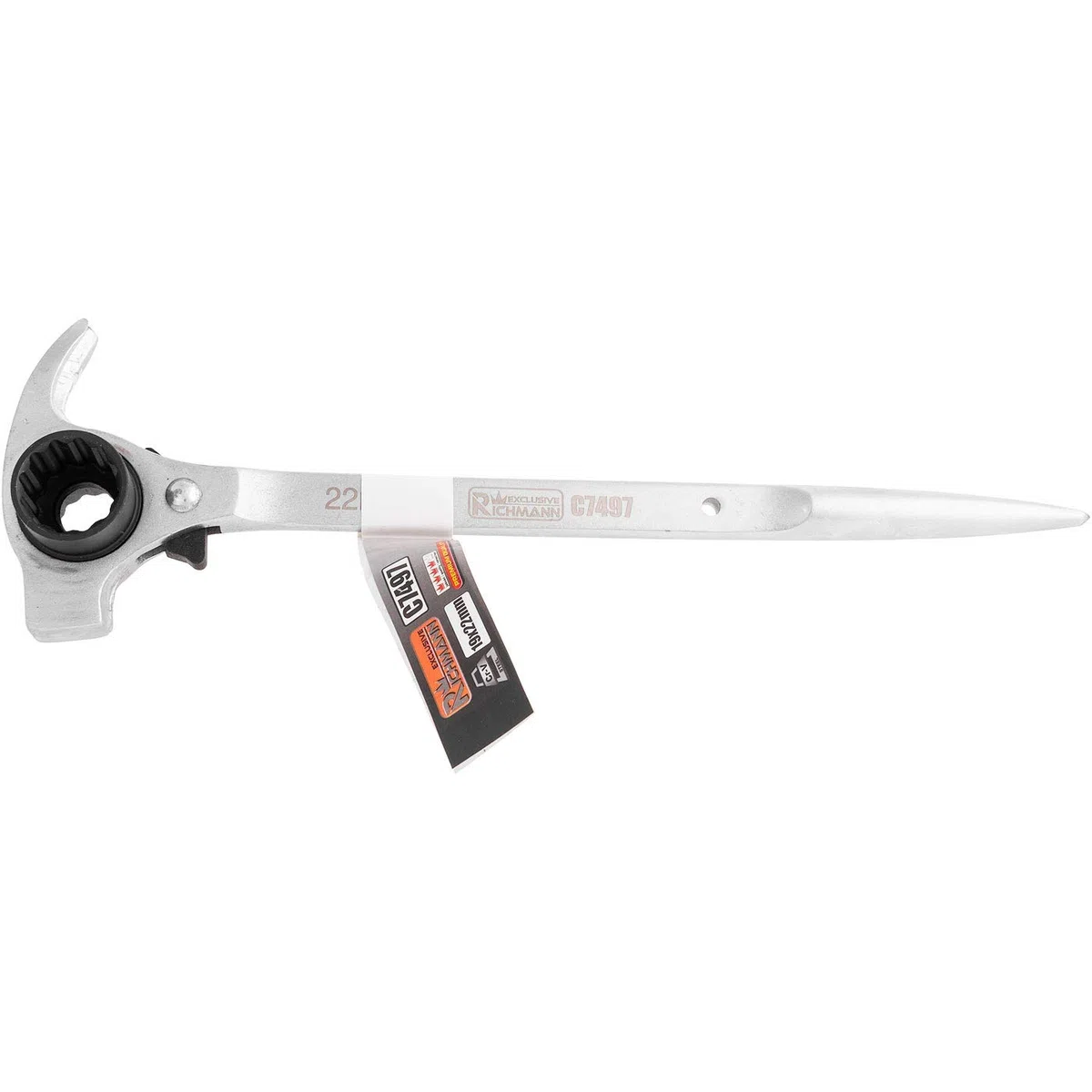 RICHMANN Clé à échafaudage 4 en 1 (19/22 mm) - Marteau + arrache-clous + poinçon conique & cliquet réversible - Cliquet d'échafaudage 12 points - Acier au chrome-vanadium (Cr-V) - avec 72 dents