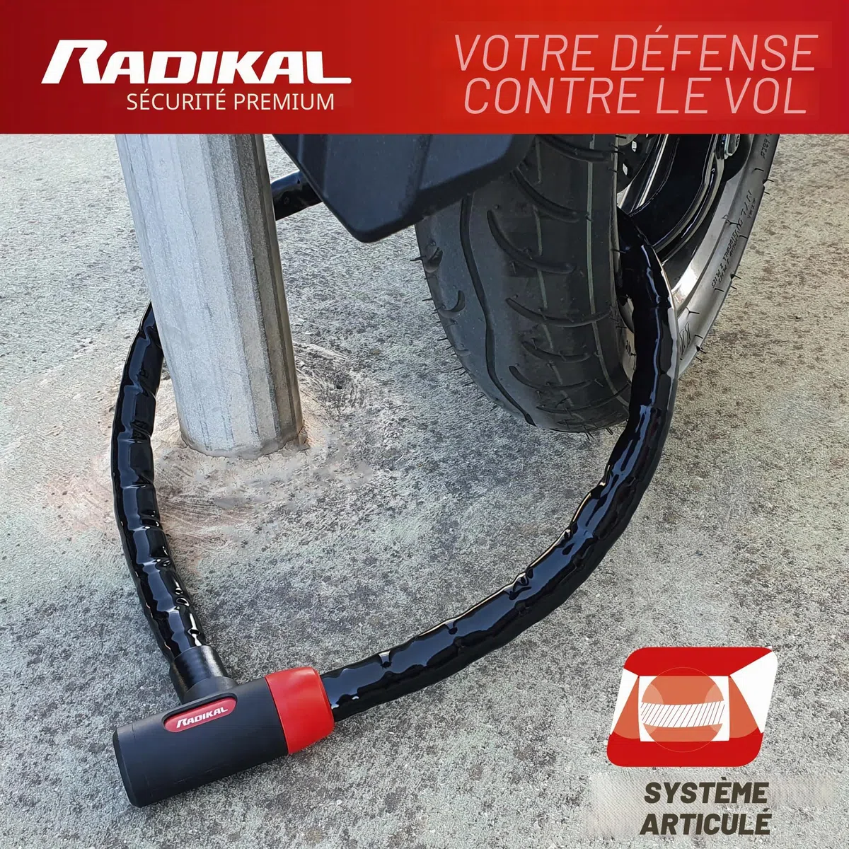RADIKAL RK520 Antivol Moto et Velo, Python Câble en Acier Articulé Blindé de 120 cm, Flexible, Serrure Haute Sécurité, Anti vol pour Moto, Vélo, Scooter, 120 cm