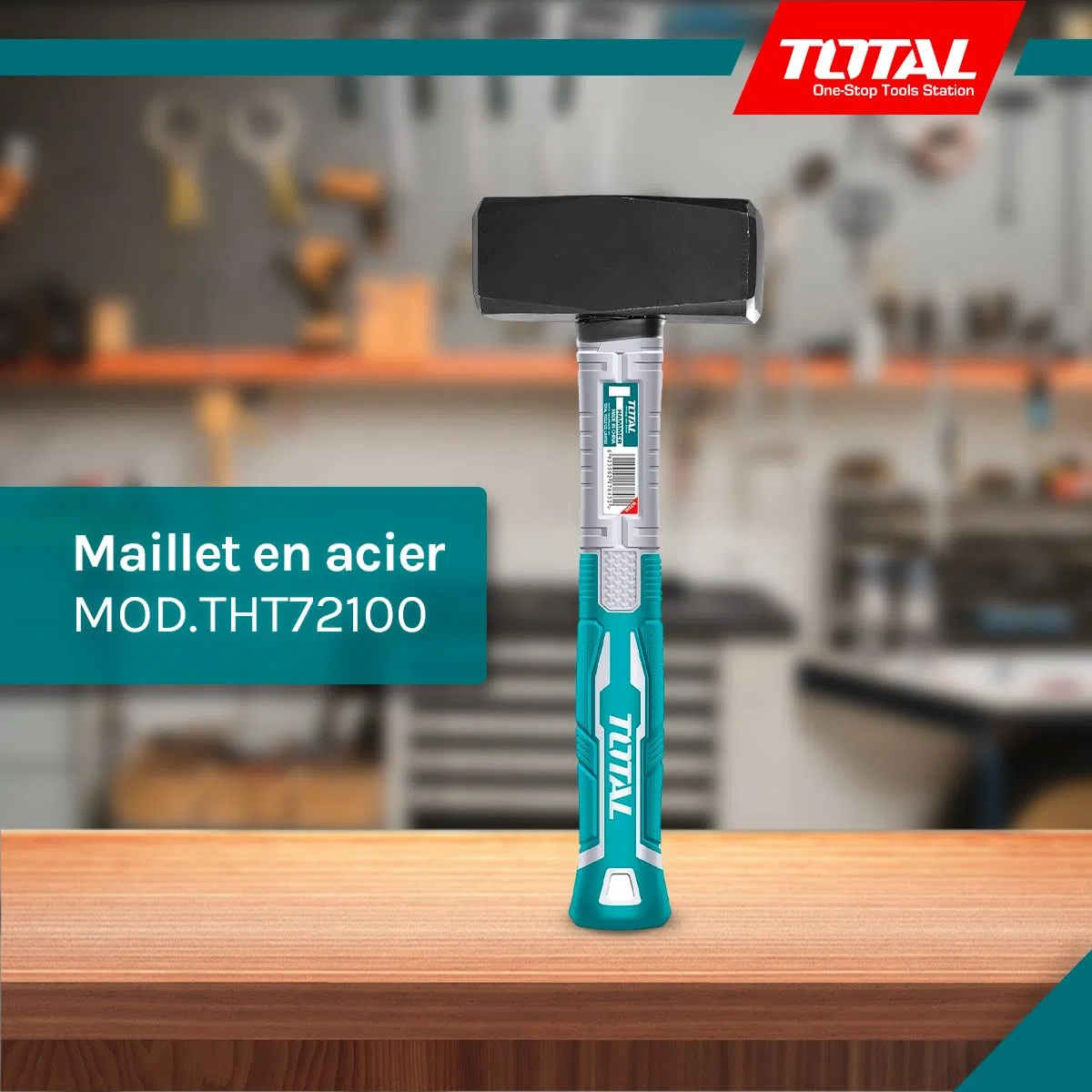 Total Tools - Massette en Acier - 1000 g - Idéal pour la Construction et la Maçonnerie - Haute Résistance aux Chocs - Manche en Fibre Ergonomique - Tête en Acier au Carbone Forgé