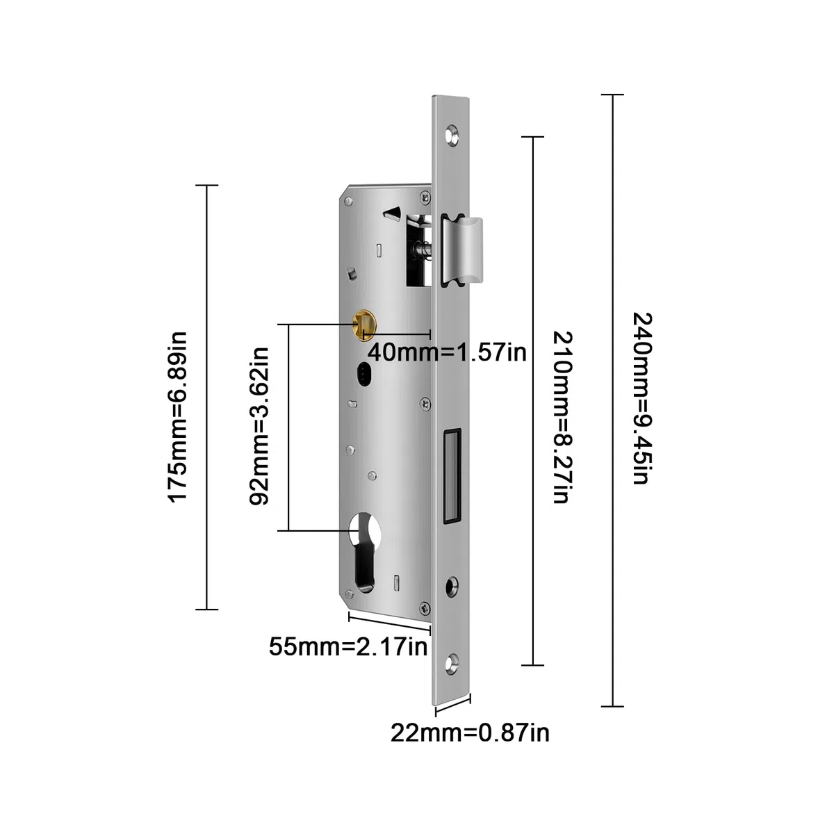 Serrure à cadre tubulaire en acier inoxydable - Distance : 92 mm - Distance au canon : 40 mm - Porte de jardin - Insert pour gauche/droite